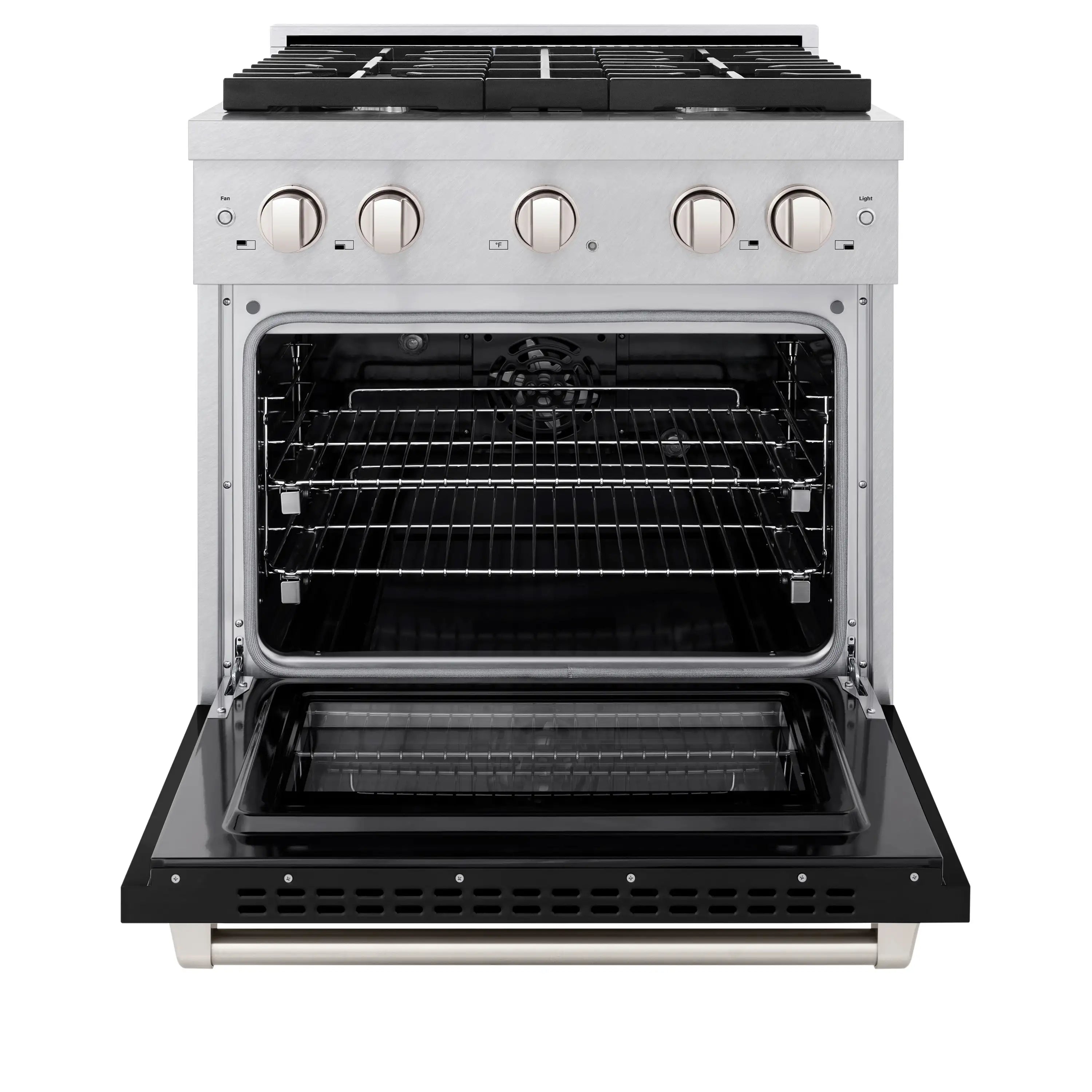 Satin stainless dual fuel range with open electric oven door and wire rack inside