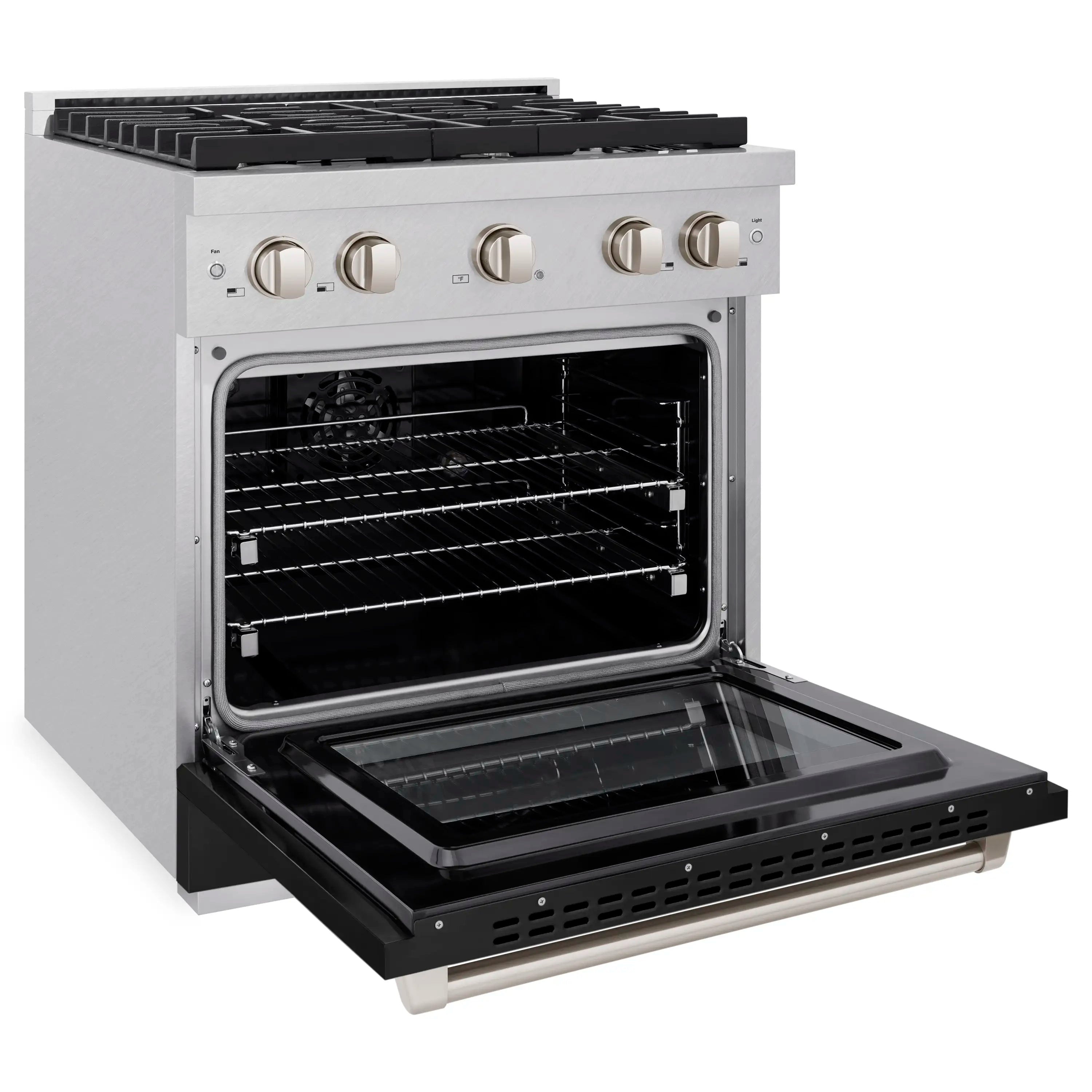 Dual fuel range with satin stainless frame, open oven door, and black storage drawer