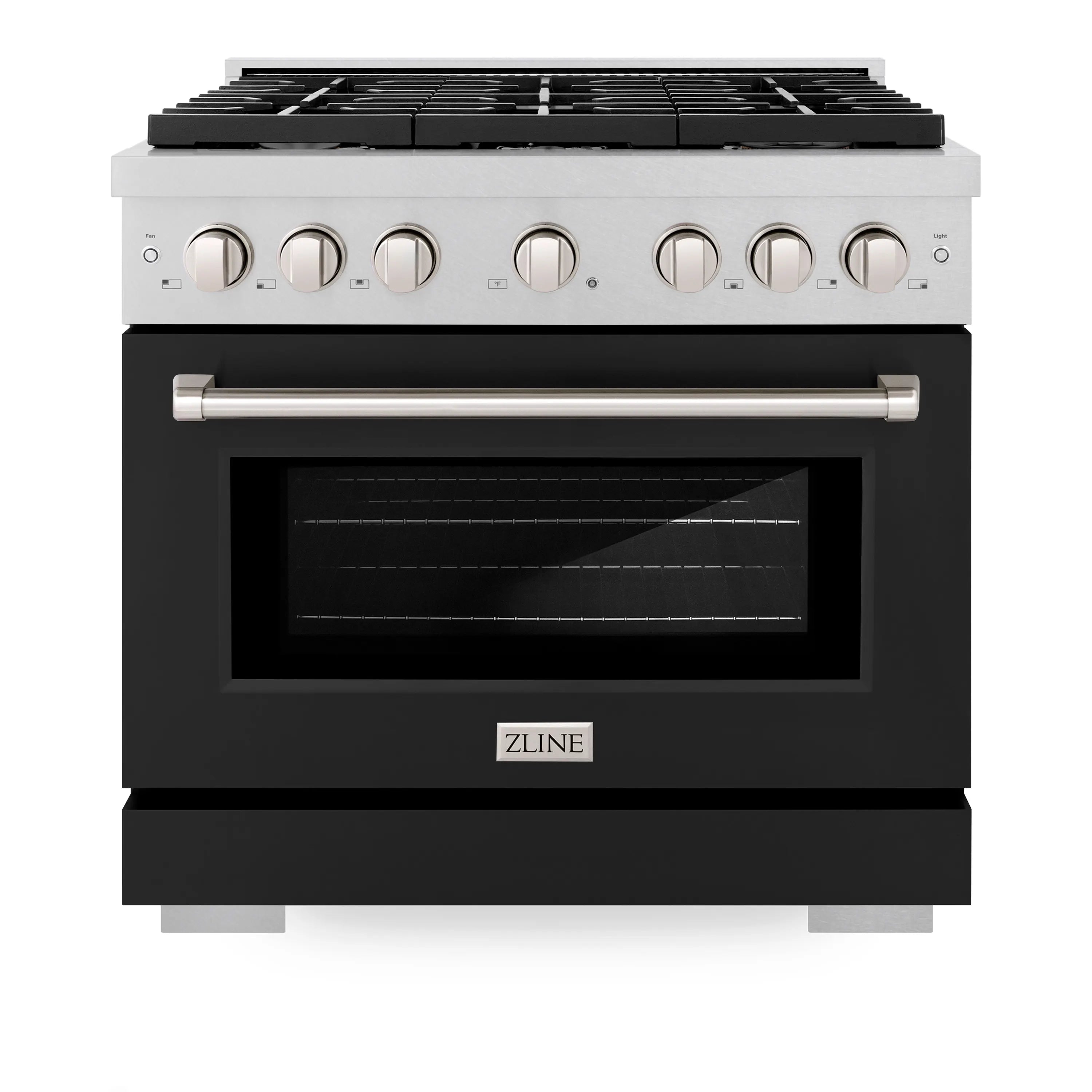 Satin stainless dual-fuel range front view with black oven door and control knobs