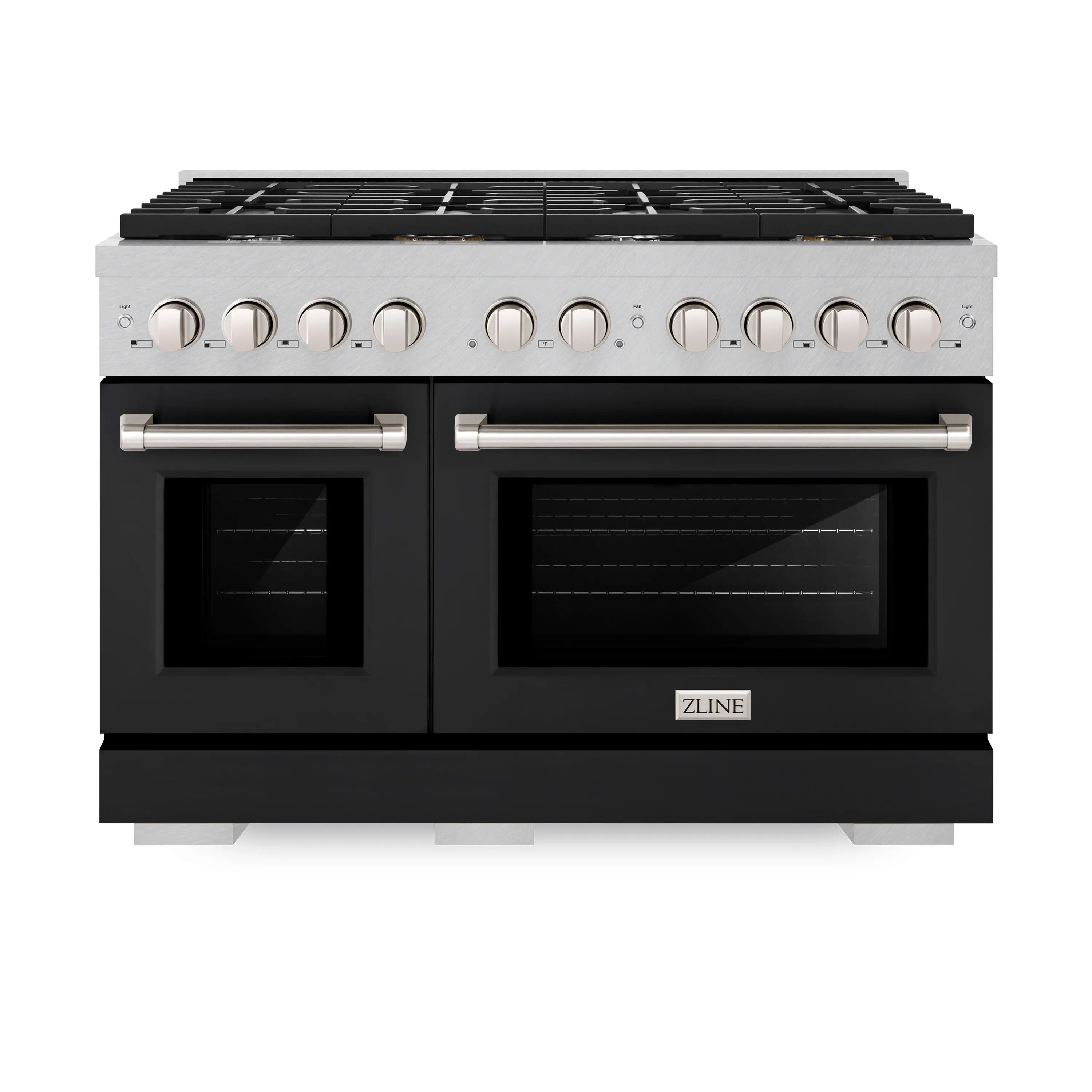 Dual fuel range front view with black double oven doors and stainless control panel