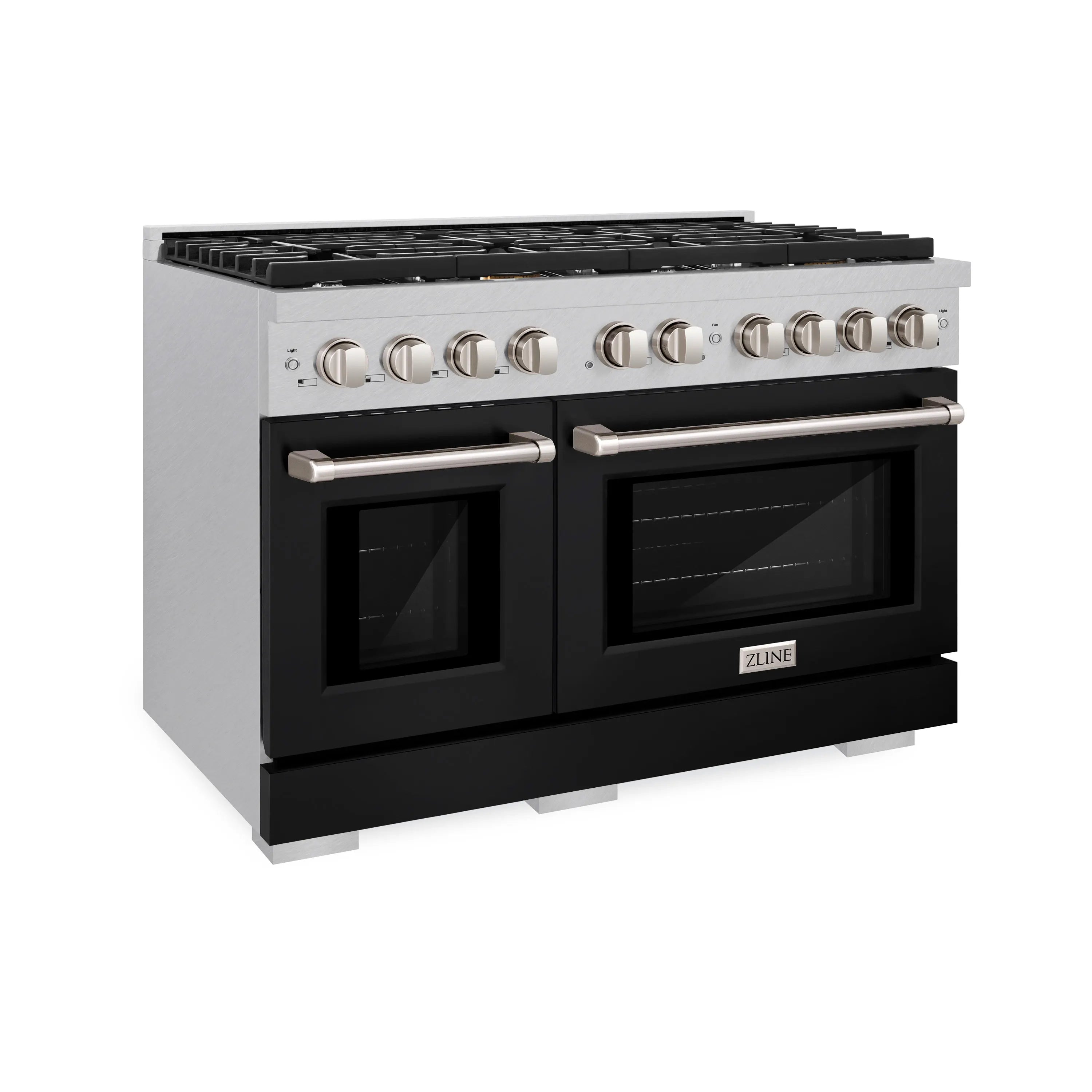Dual fuel range angled front view with black oven doors and stainless trim