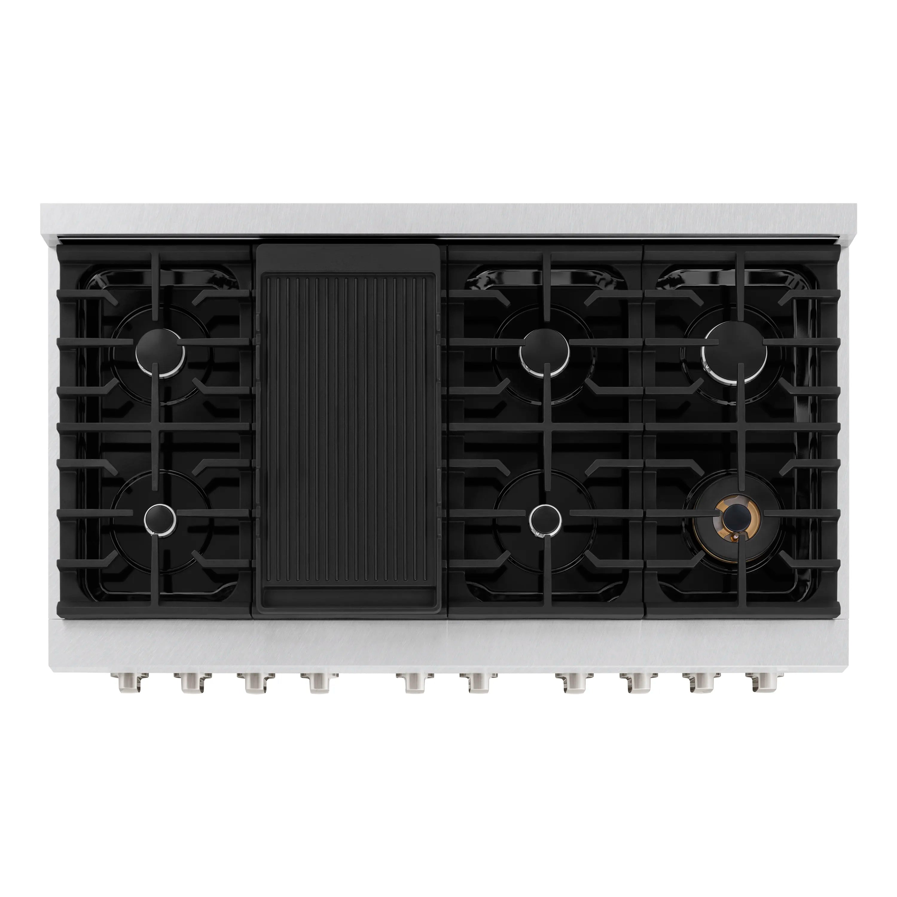 Gas cooktop top view with black grates and burner layout