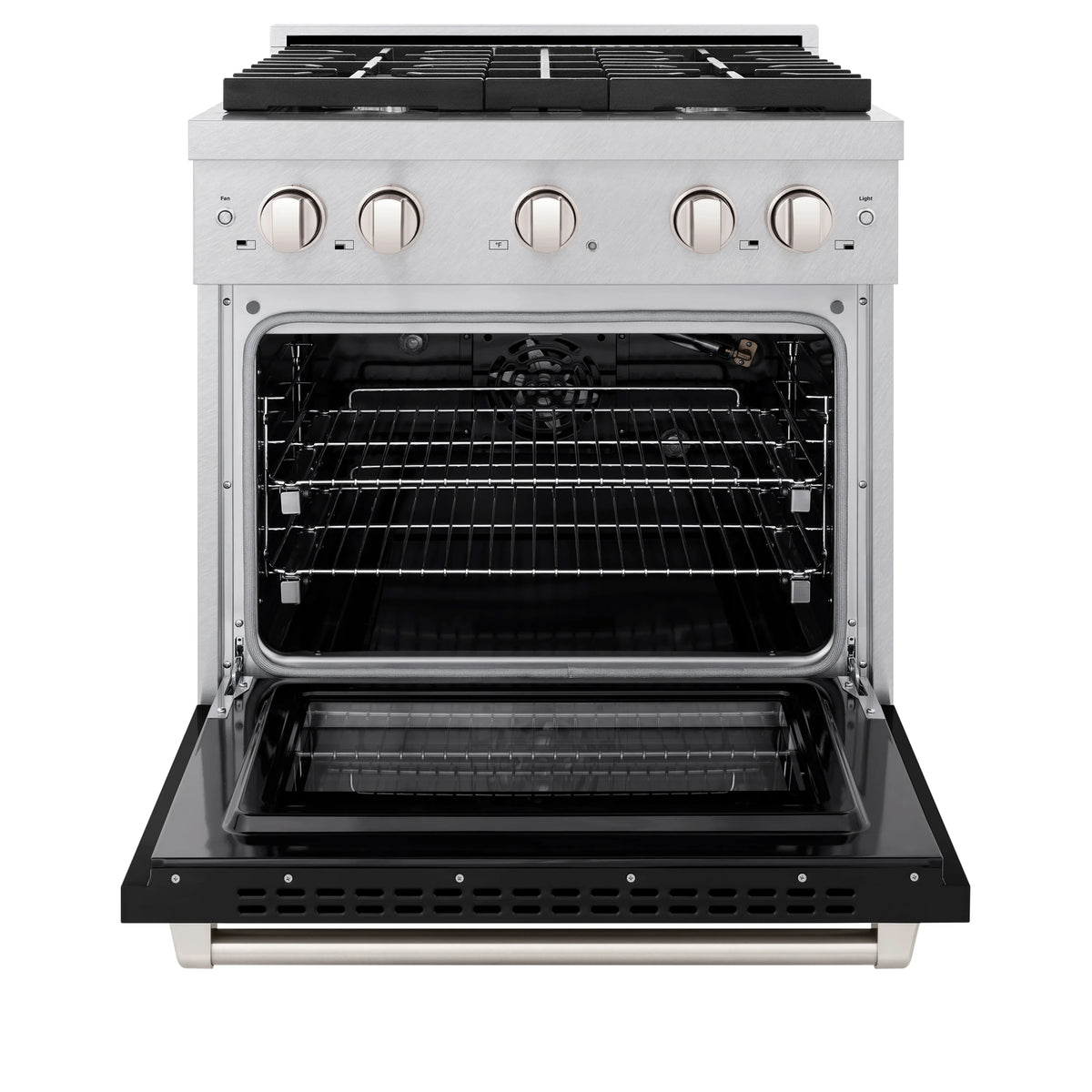 Open oven door of ZLINE gas range showing wire rack and bake tray
