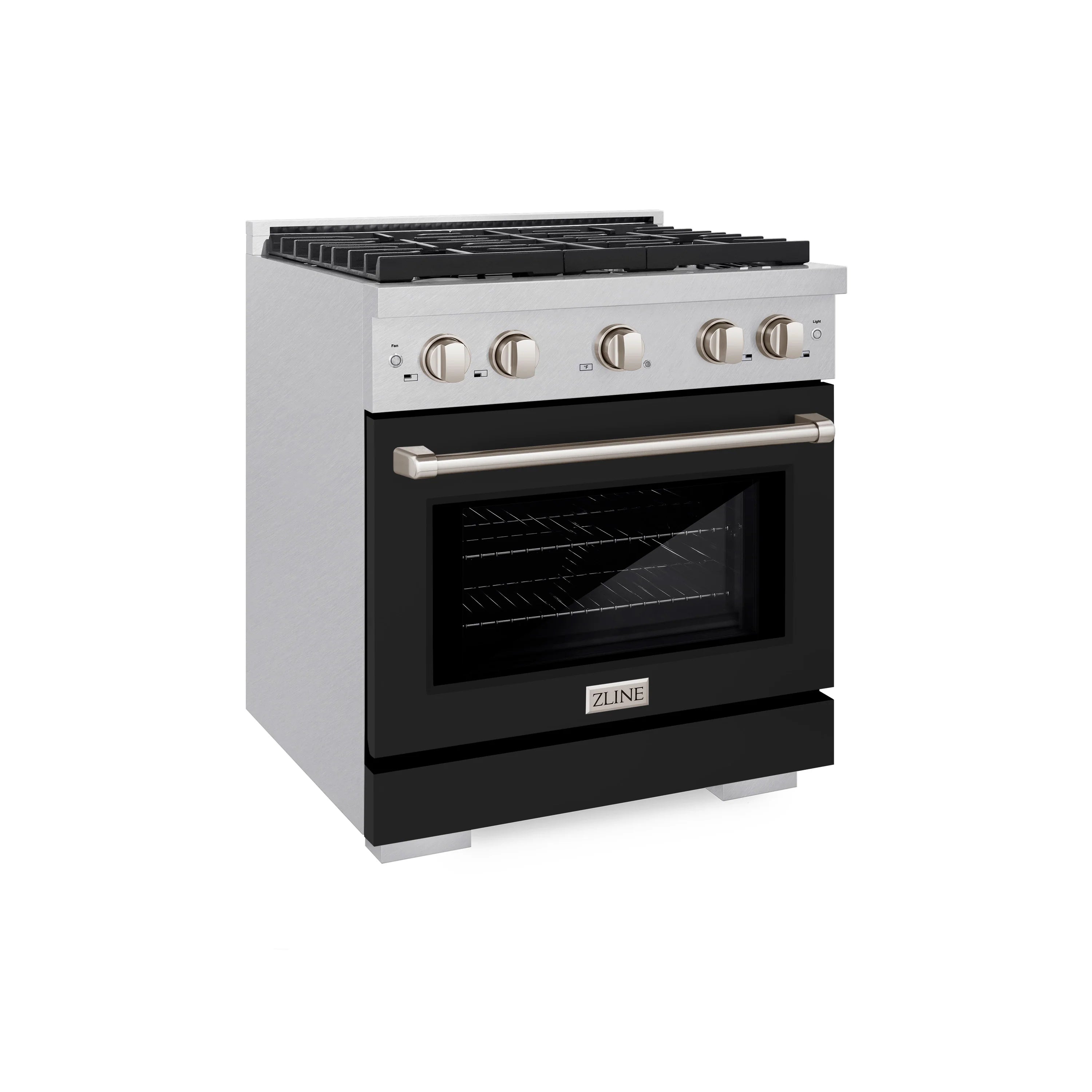 Stainless gas range with black oven door, control knobs, and 4-burner cooktop
