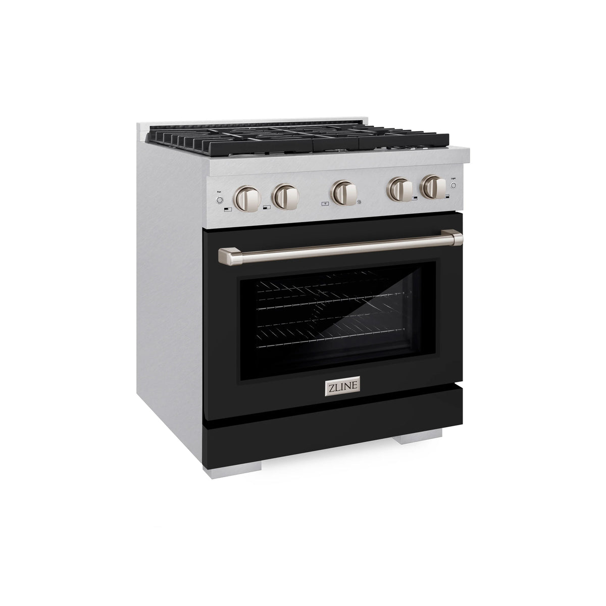 30-inch gas range with black glass oven door and stainless steel control panel