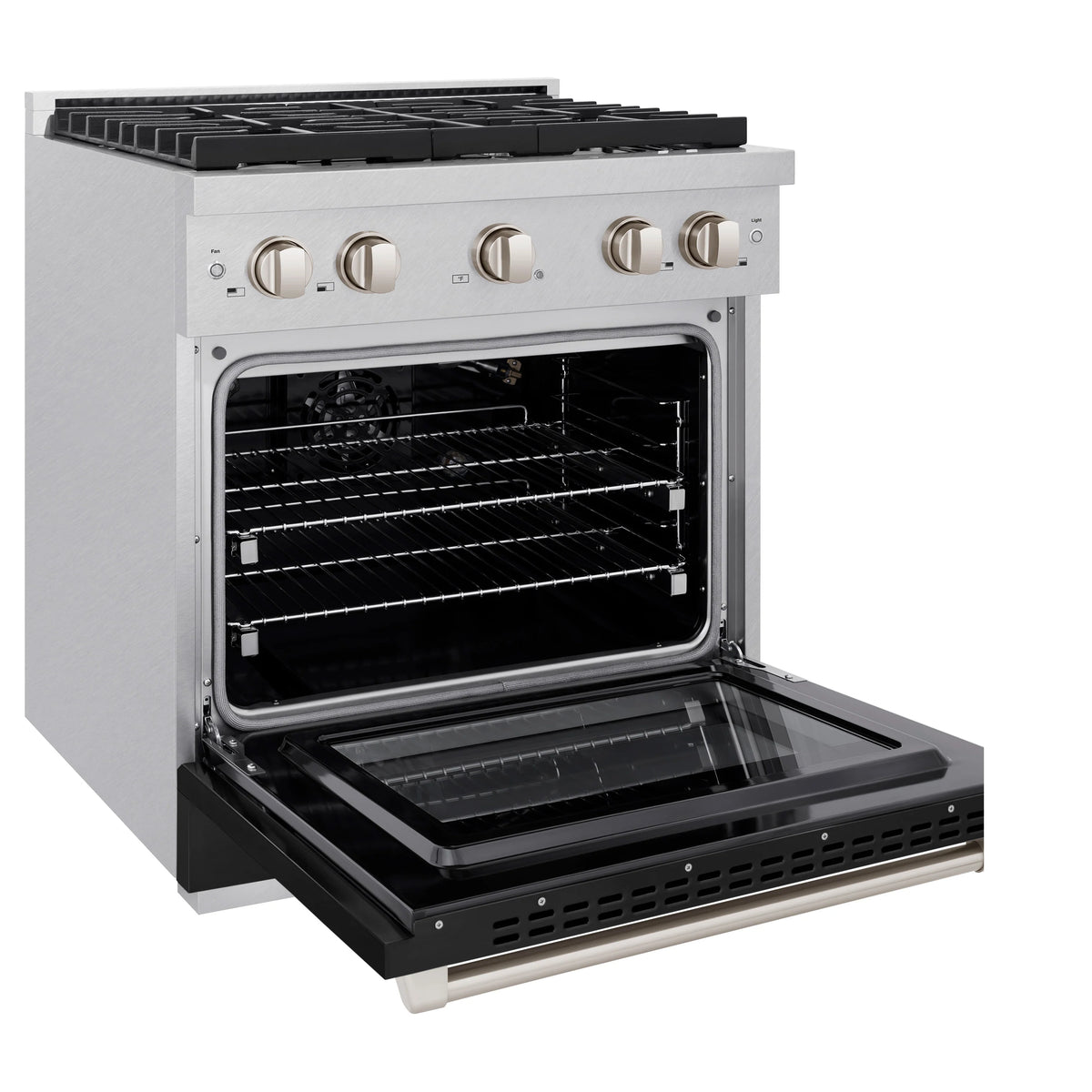 30-inch gas range with open oven door showing racks, stainless steel frame