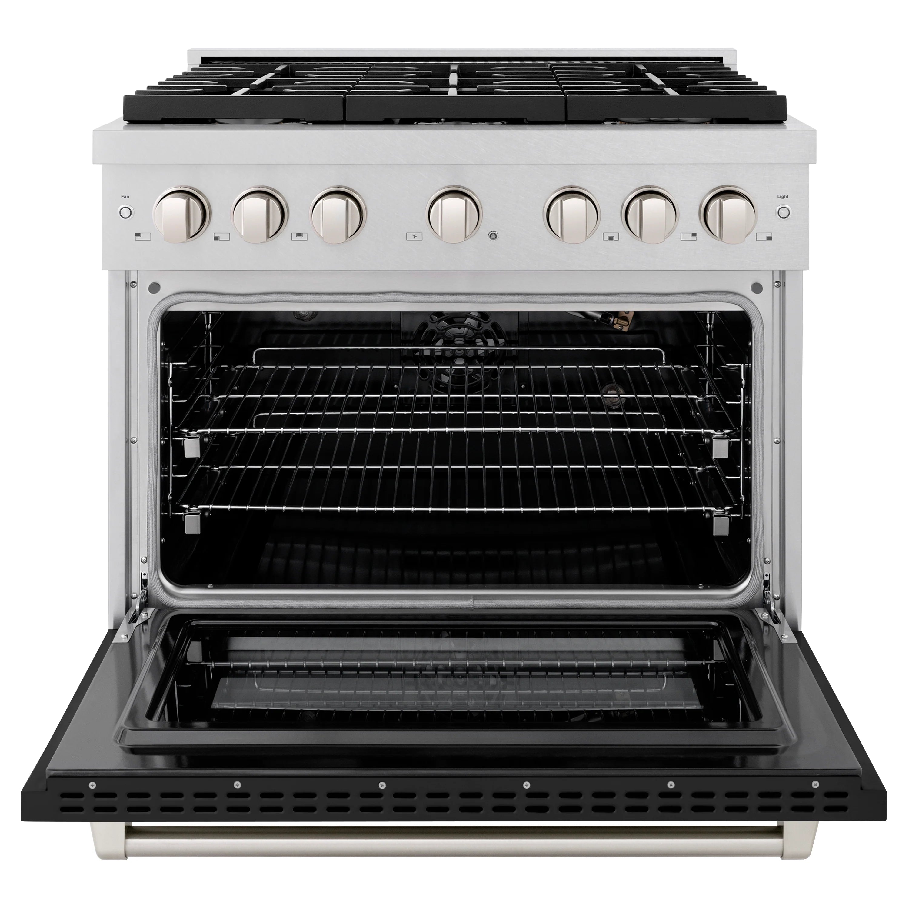 Gas range with open oven door showing racks and black interior cavity