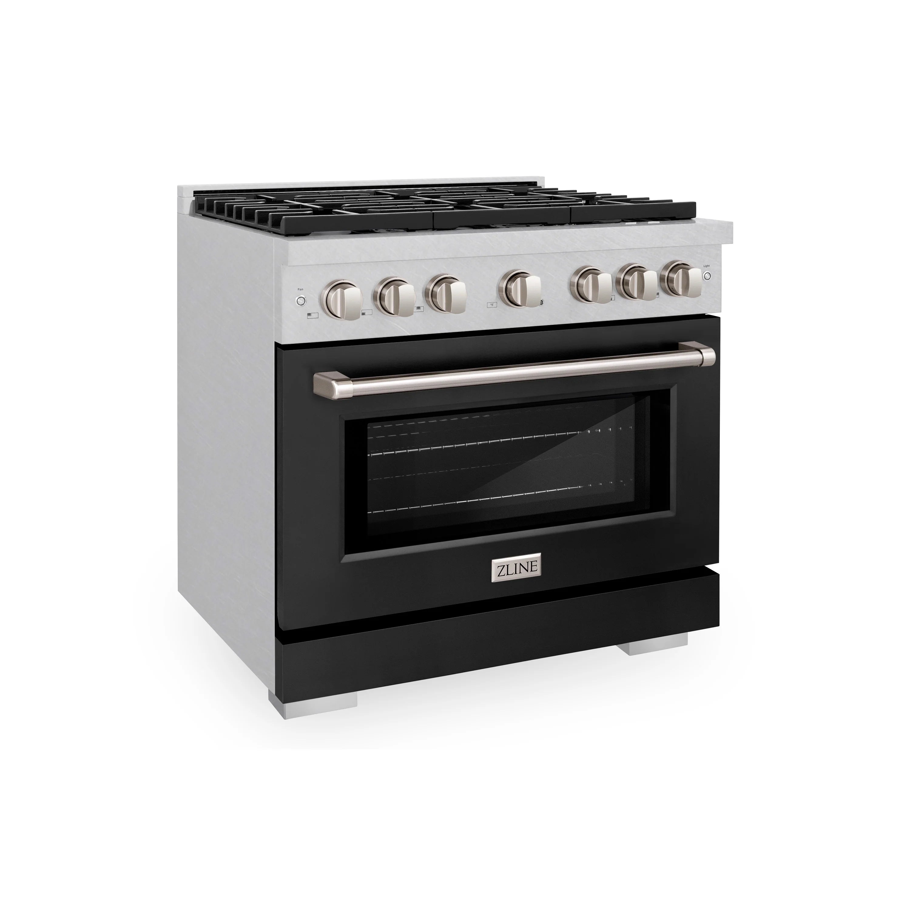 Stainless steel gas range with black oven door and control knobs, front corner view