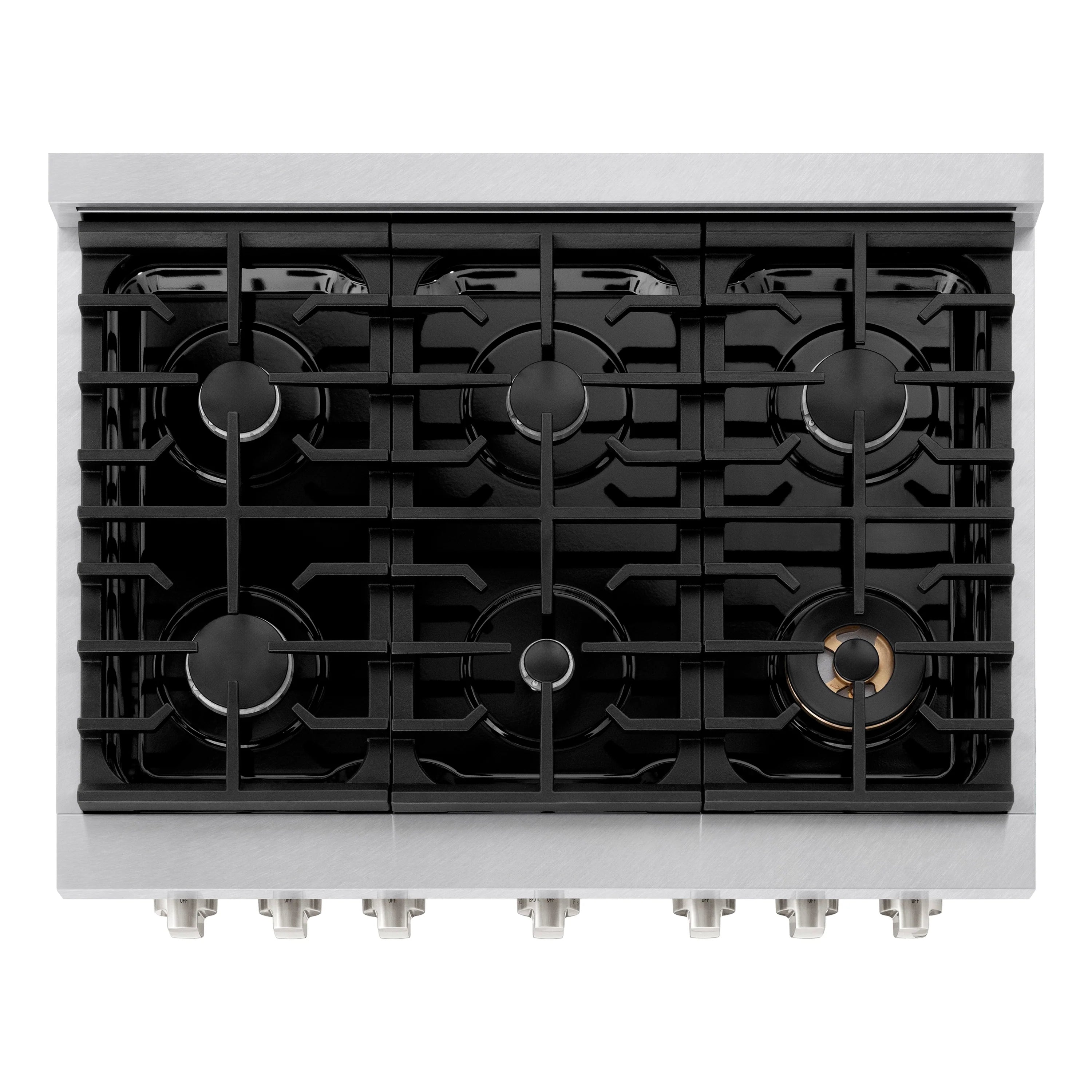 Black gas burner grates on stainless cooktop, top view with multiple burners