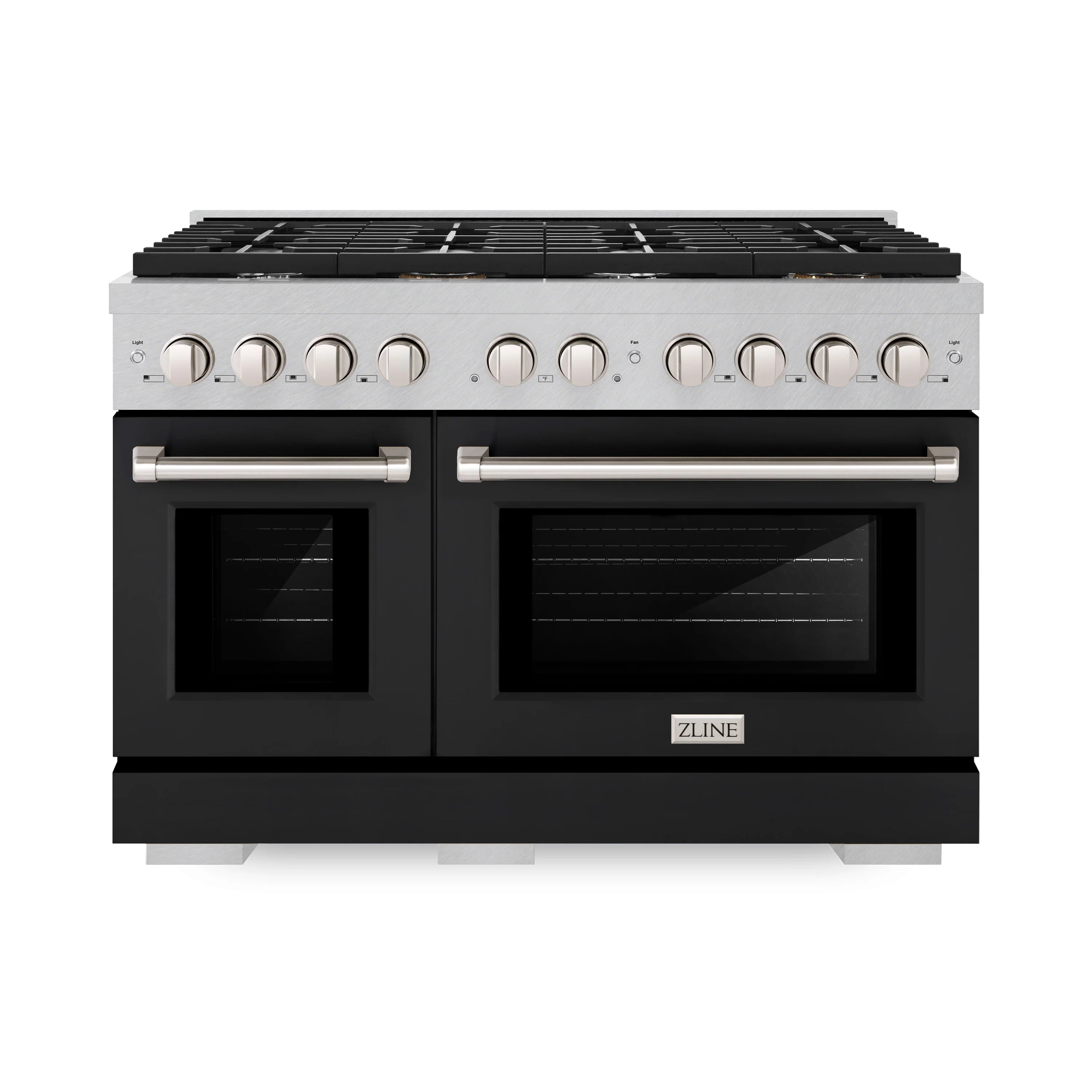 Front view of double gas range with black matte doors and stainless steel controls