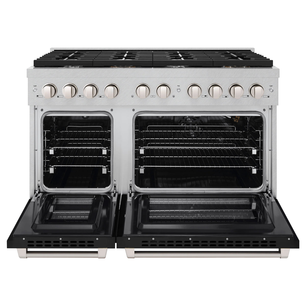 Double ovens open with racks inside, stainless steel frames and black interior