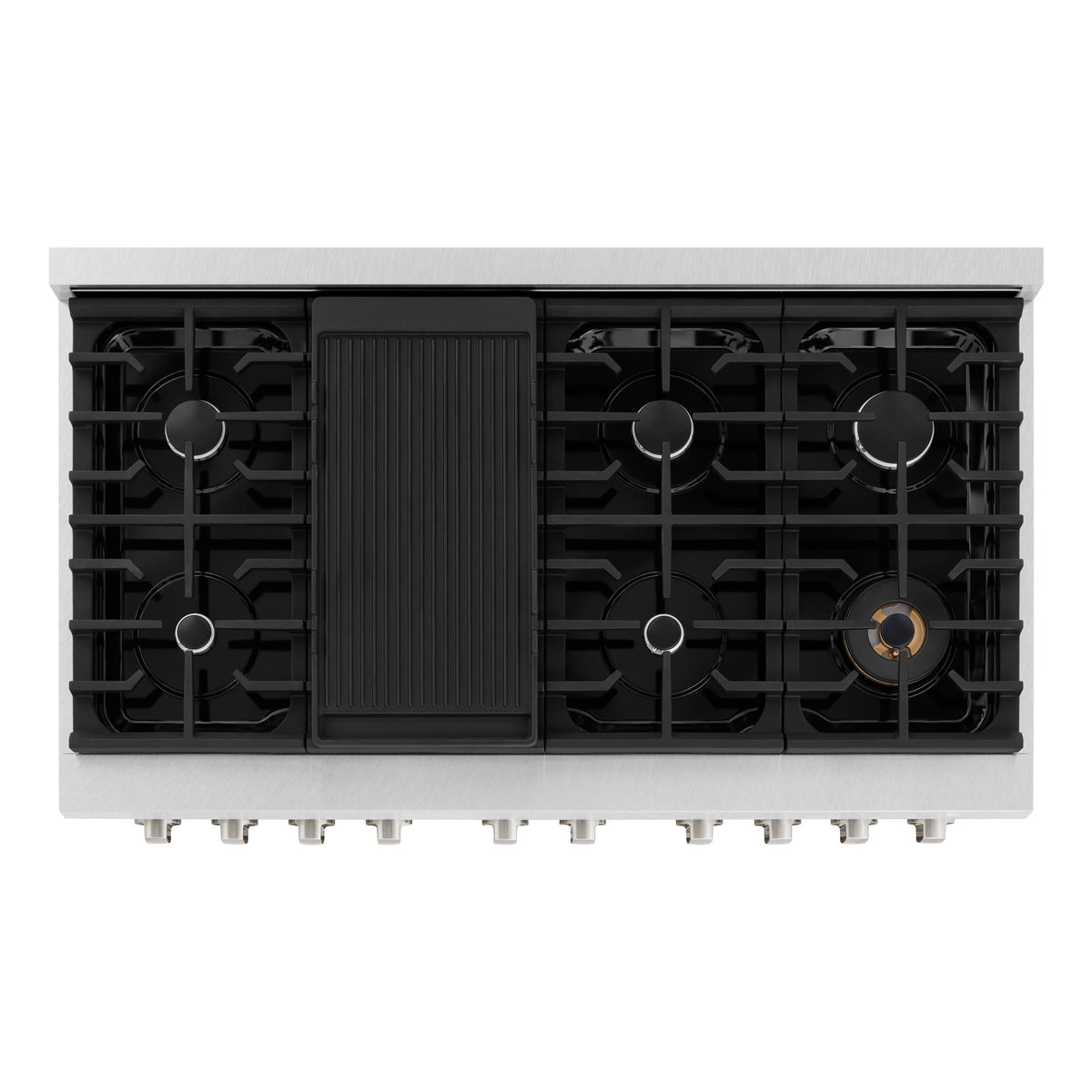 Gas range cooktop with black burner grates and centered controls