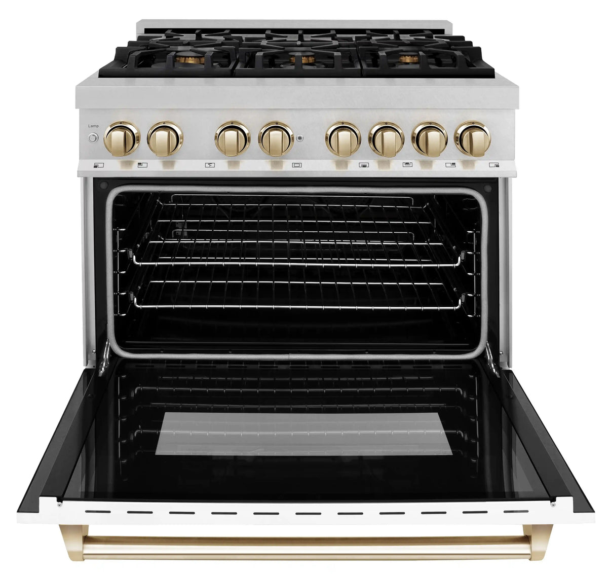 Dual fuel range with open electric oven door and black interior racks