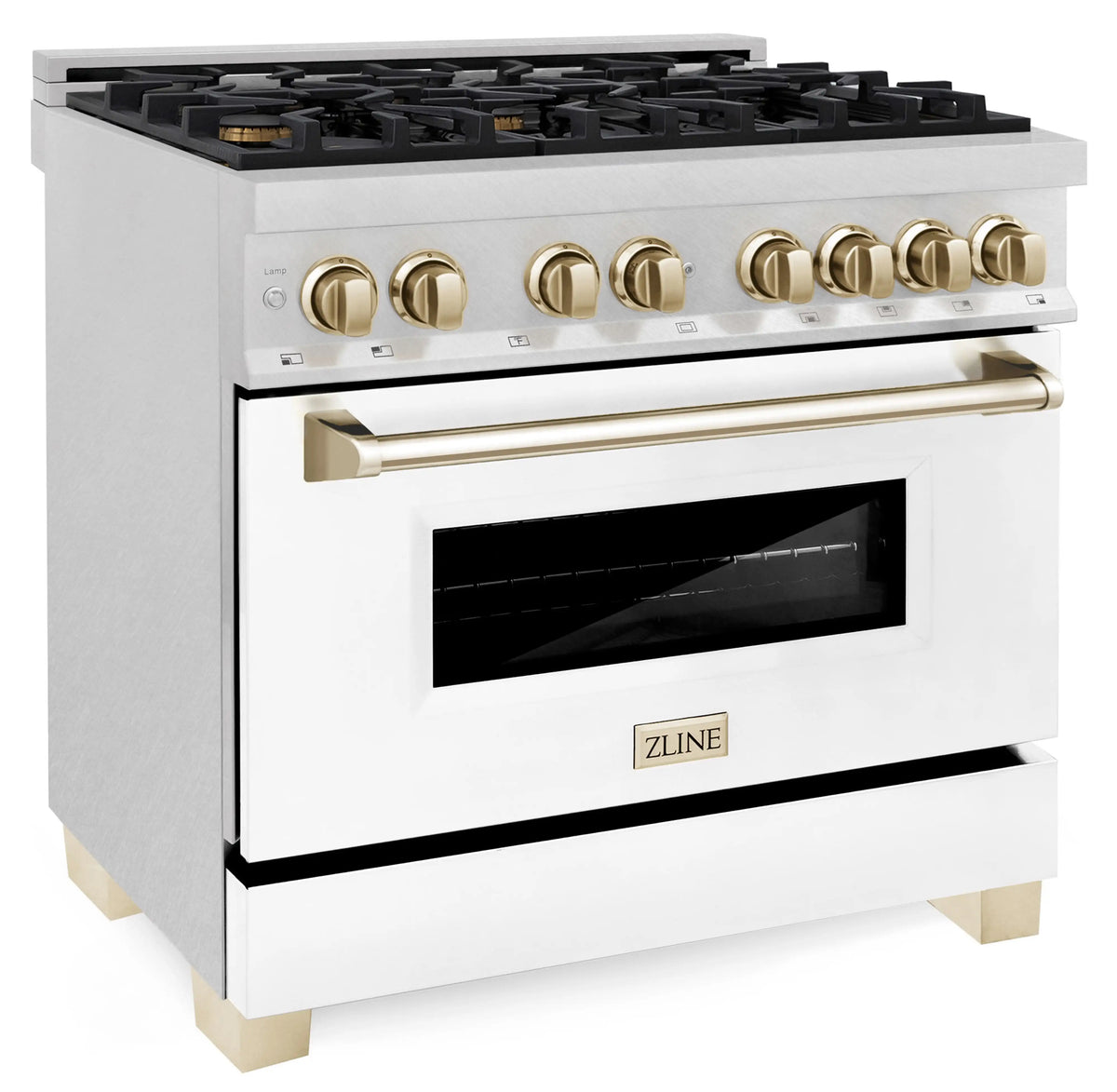 White dual-fuel range with black cooktop grates and gold control accents