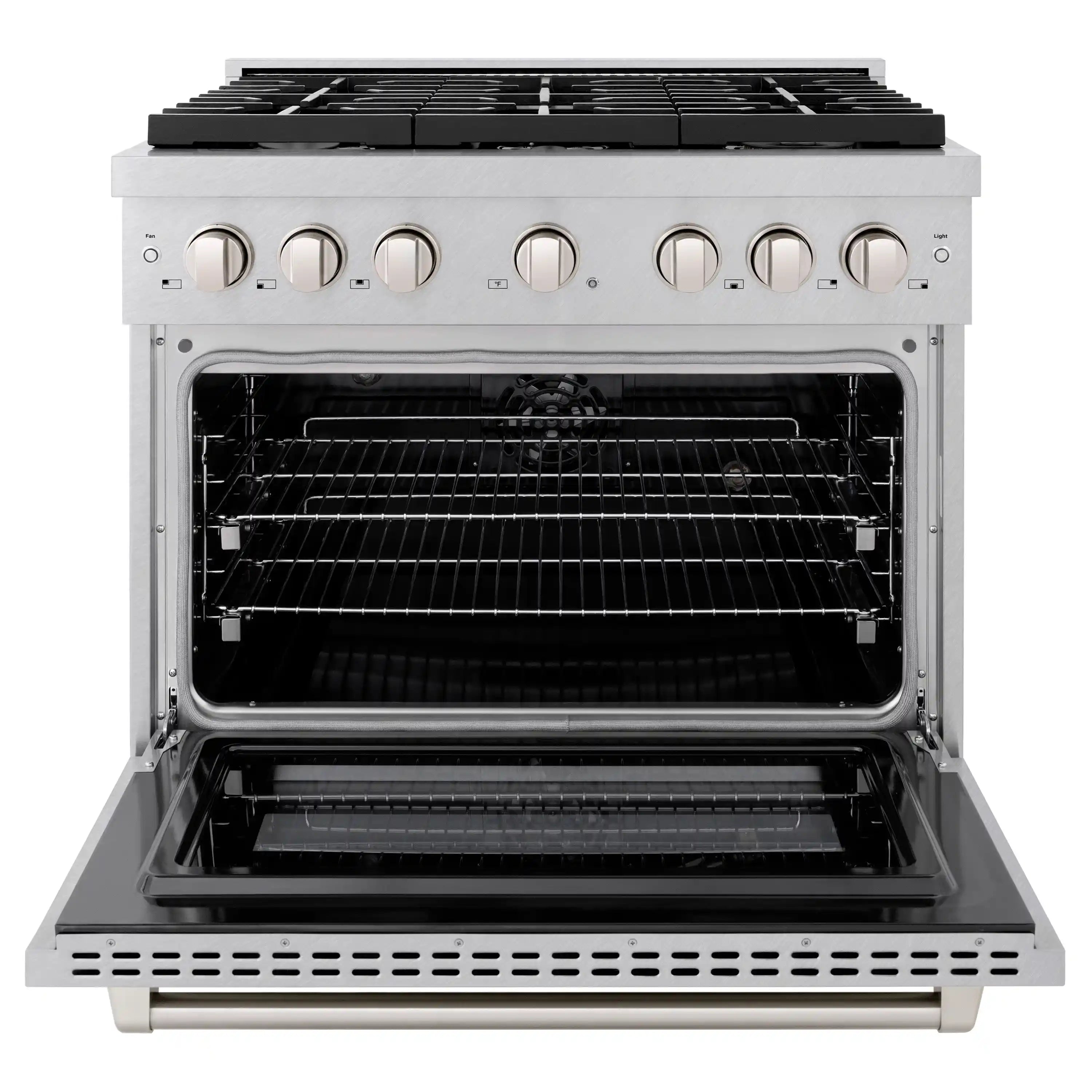 Satin stainless steel range with open oven door, racks, and interior heating element