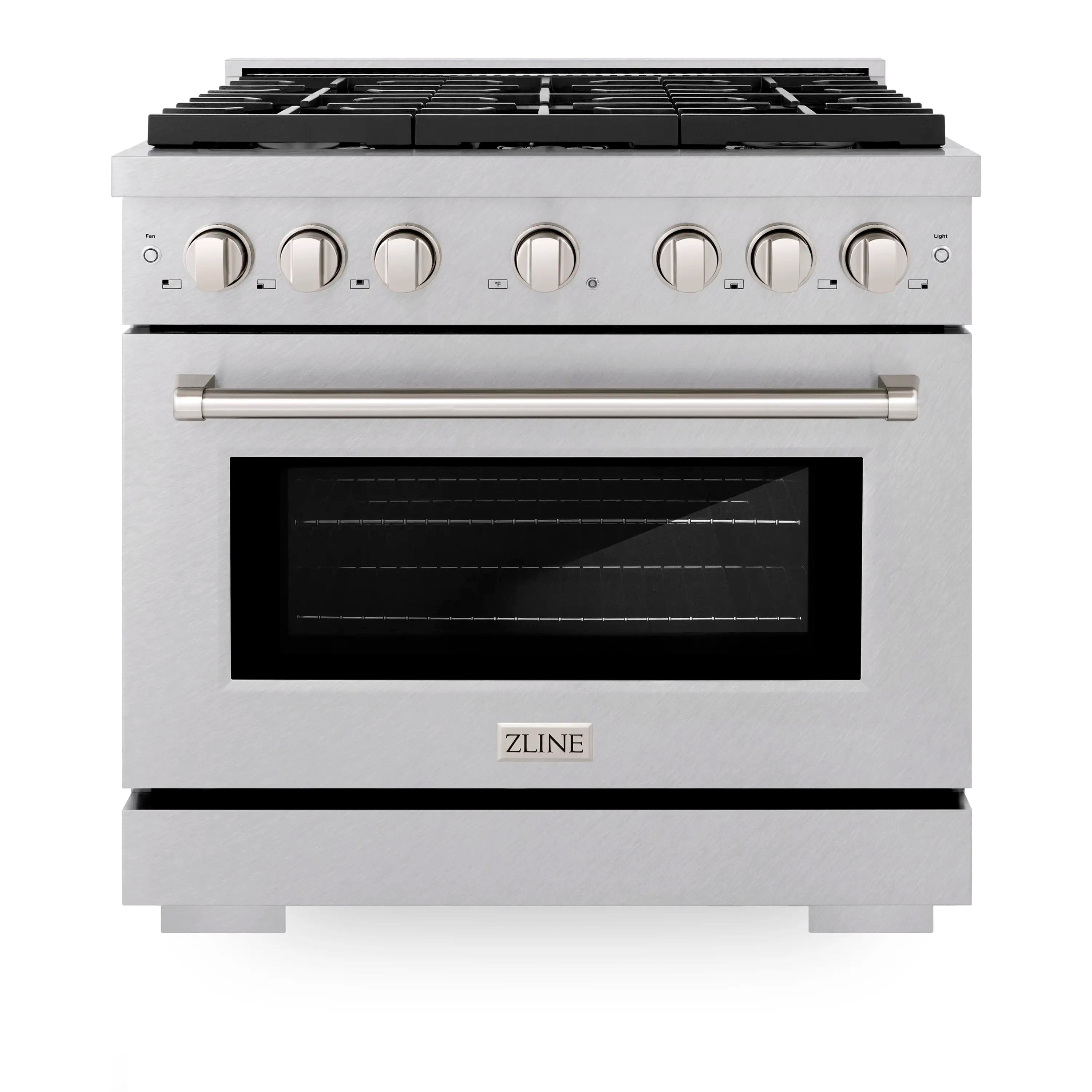 Satin stainless steel dual fuel range with glass oven window and top burner grates