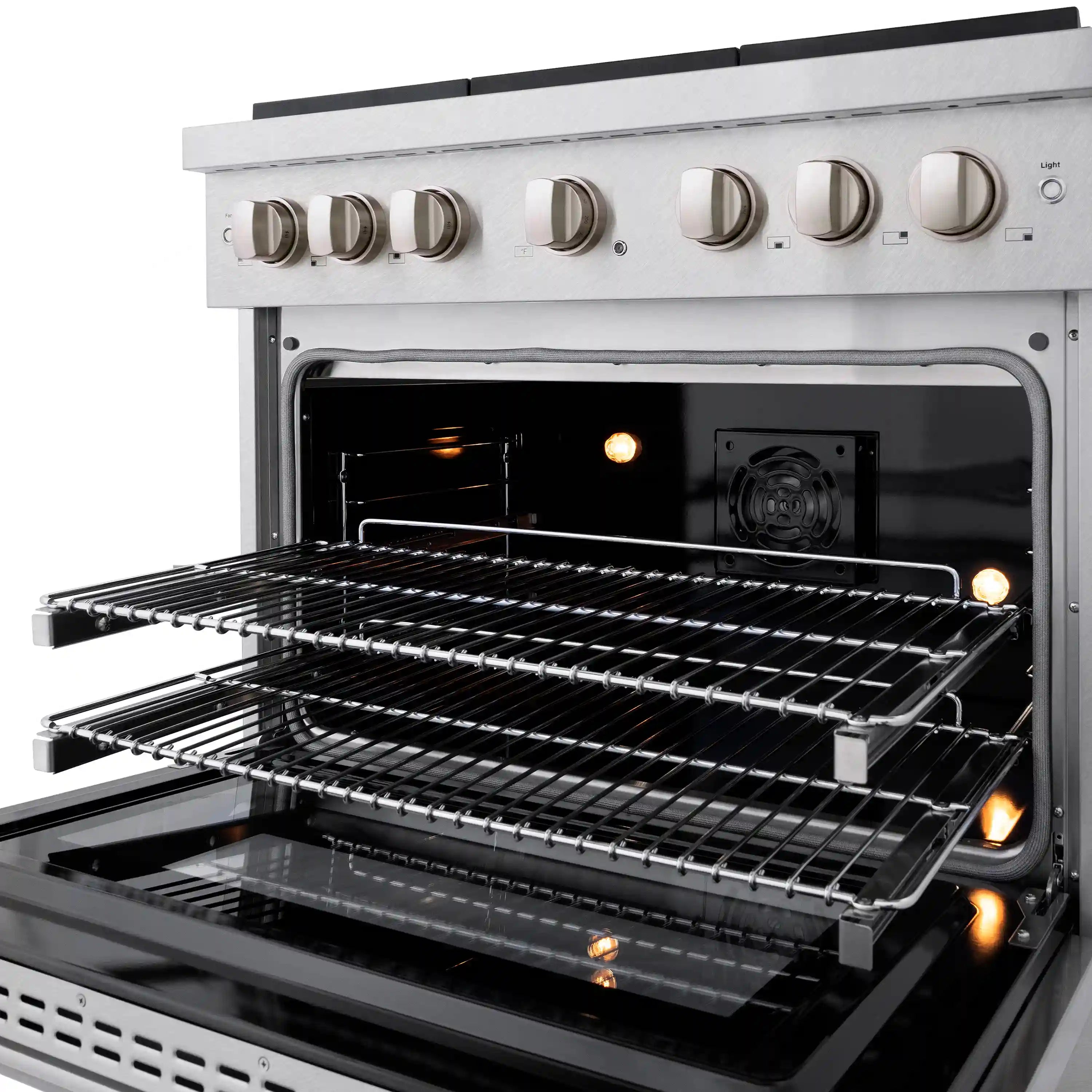 Open oven with illuminated heating element and two-tier racks