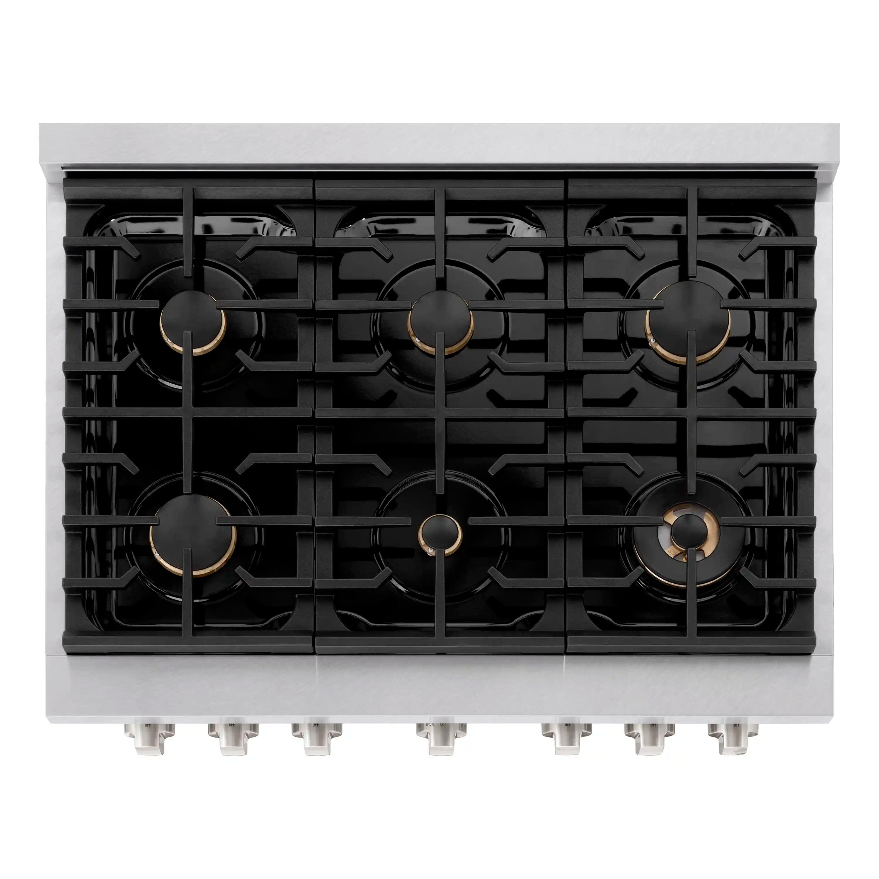 Satin stainless steel gas cooktop with six burners and black cast grates
