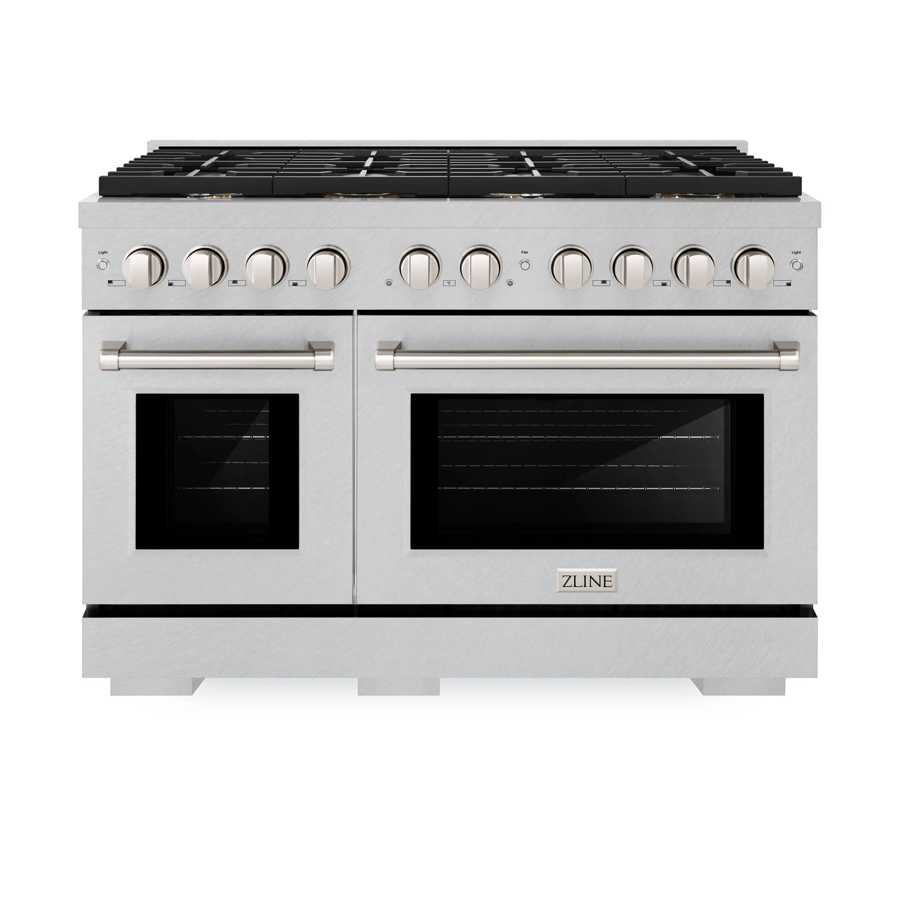 Stainless steel double-oven range with two oven doors and brass-finish burner knobs