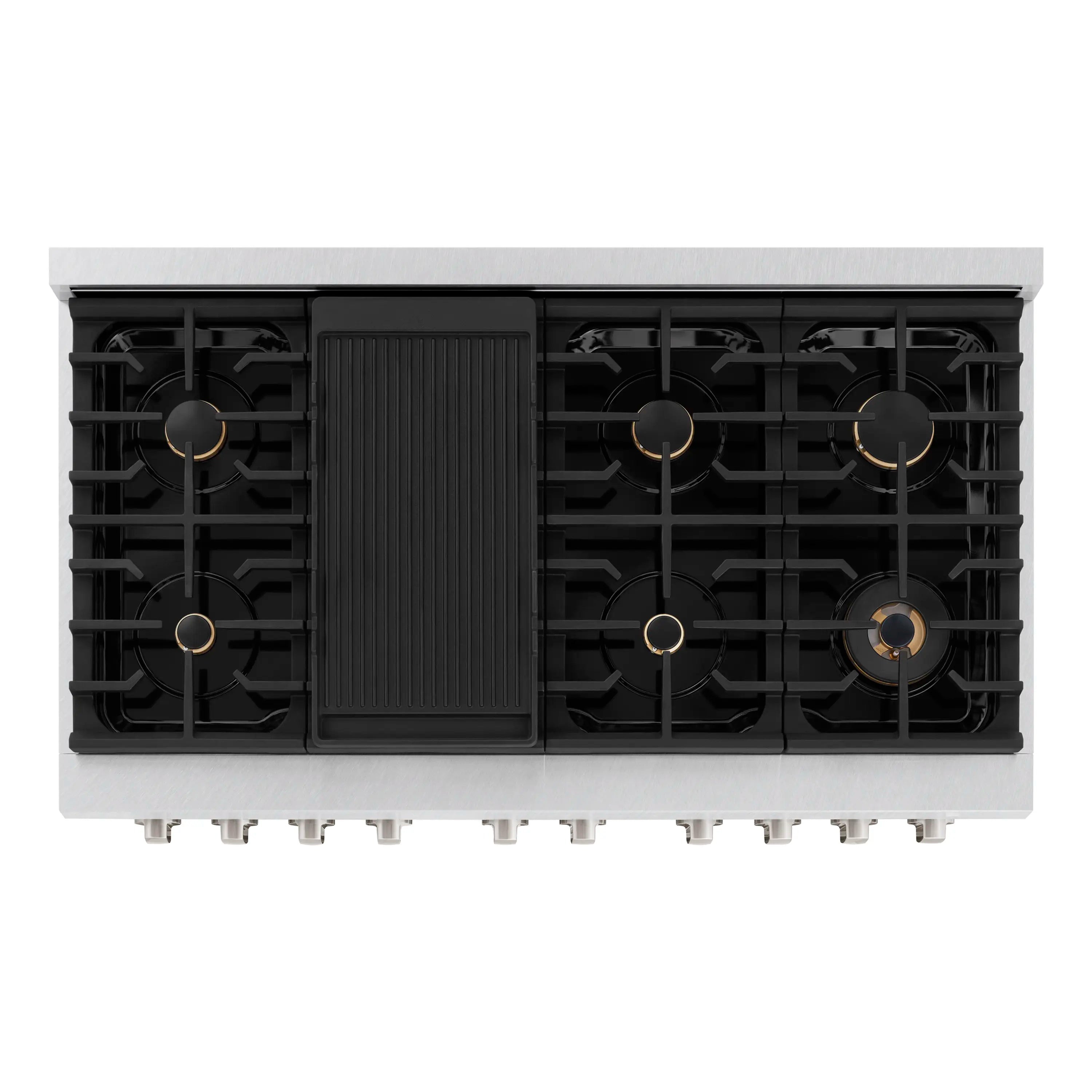 Cooktop burner layout with black grates and round burners in satin stainless