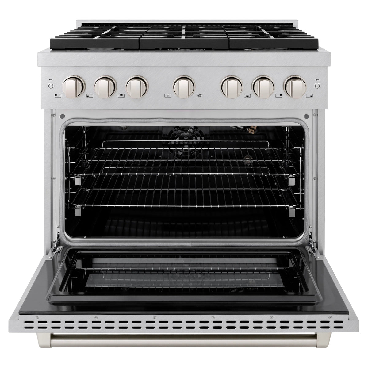 ZLINE satin stainless steel gas range with open oven door showing racks and burner grates