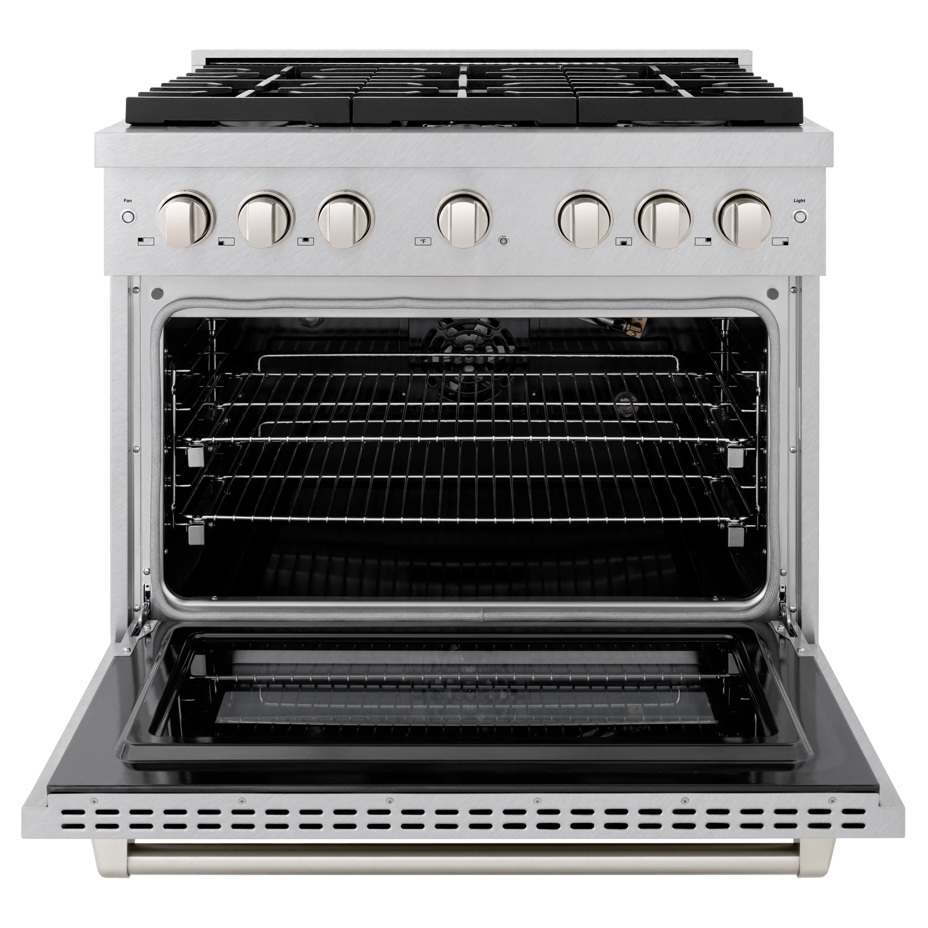 Stainless steel gas range with open oven and rack shelves