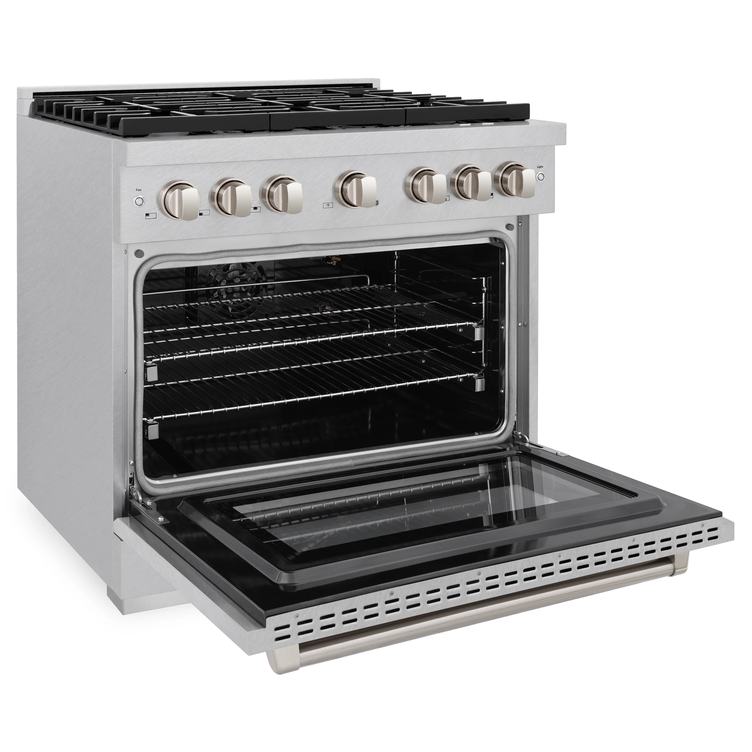 36-inch gas range oven with door open, stainless finish, black interior racks