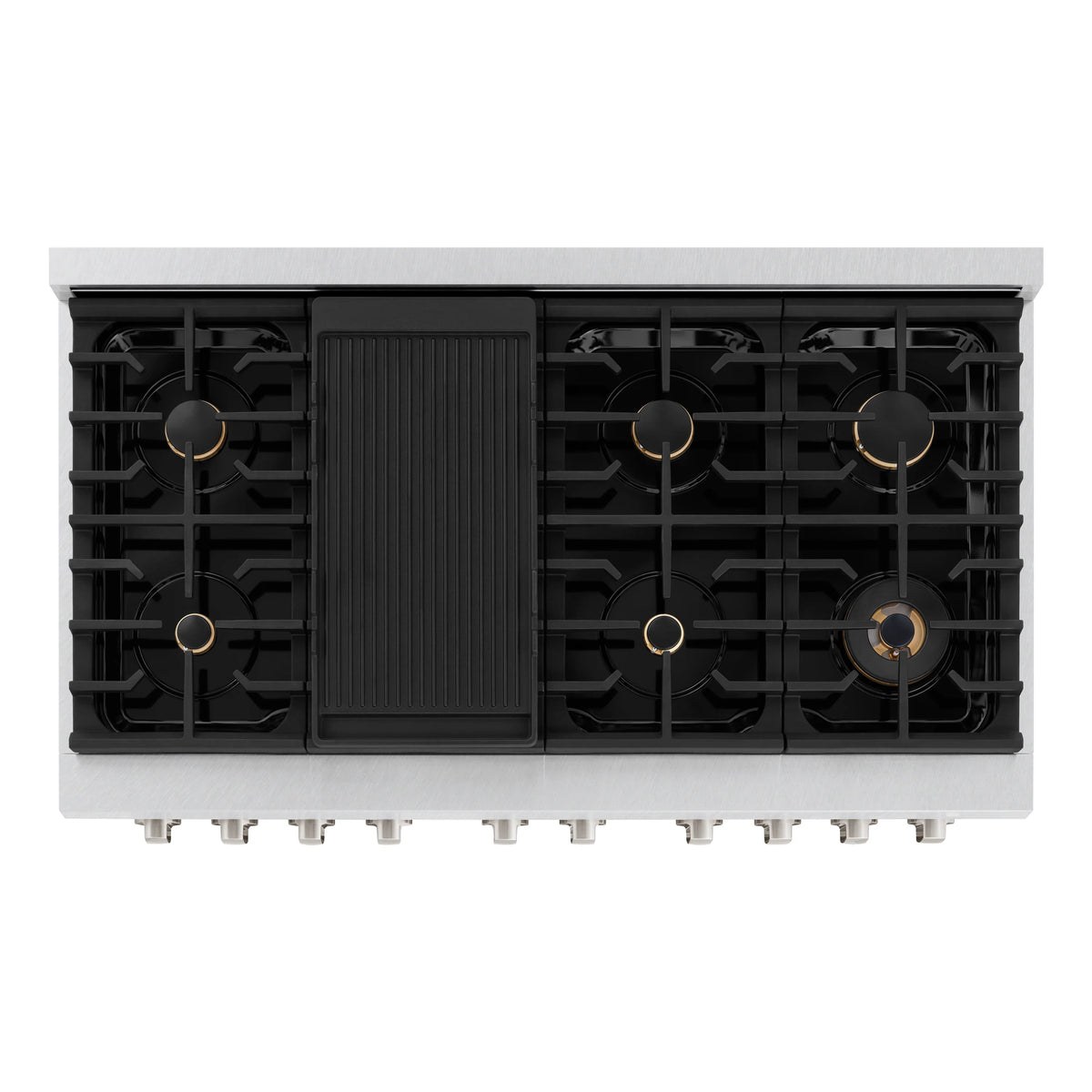 Stainless steel cooktop burner section with grates and center vented panel, front close-up