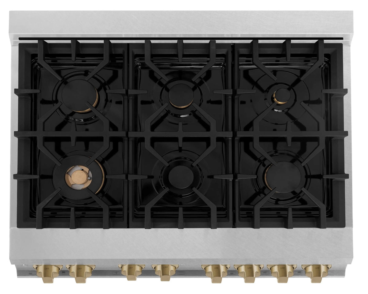 Dual fuel gas cooktop with four black grates and burner layouts