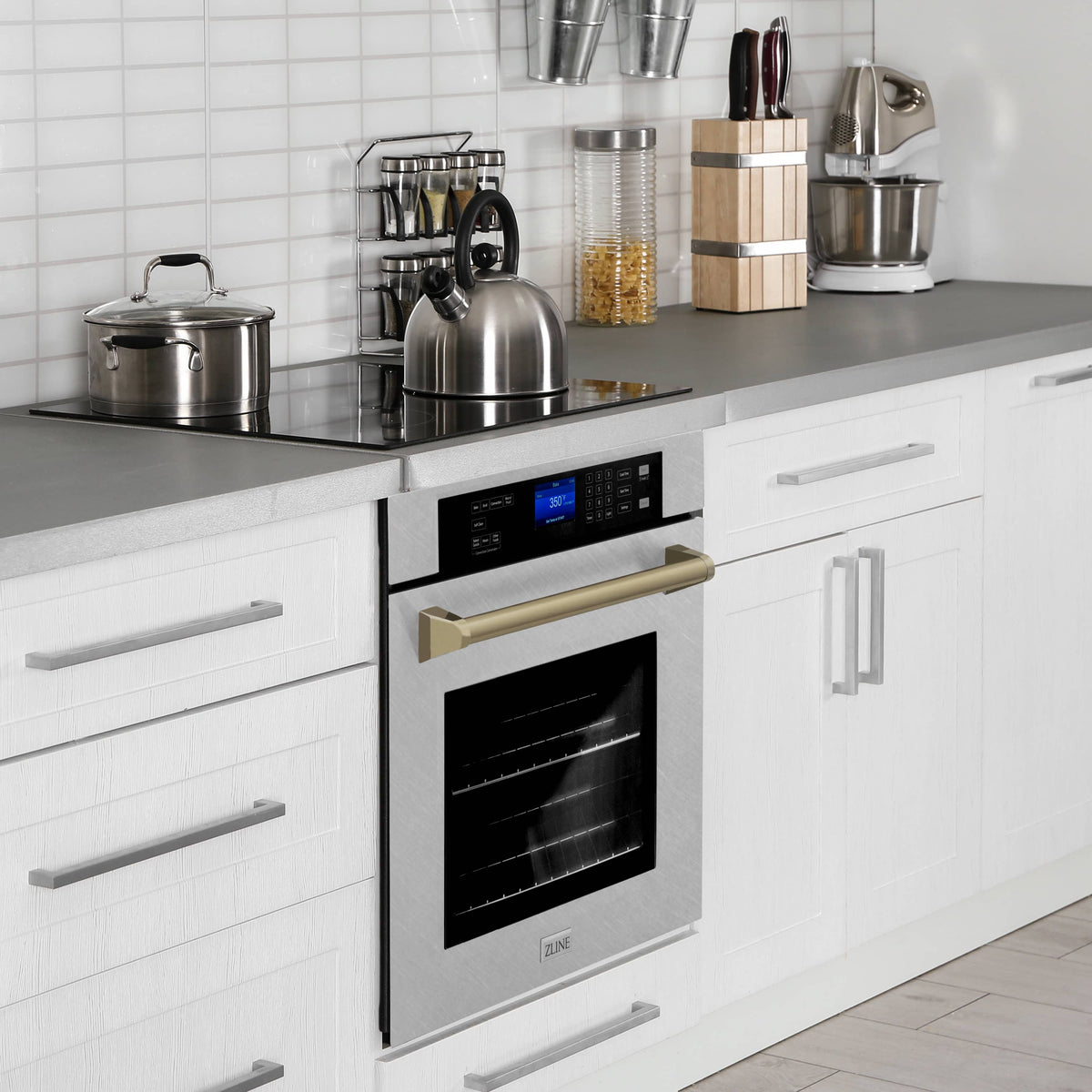 Built-in single wall oven with control panel and satin stainless door, champagne bronze handle