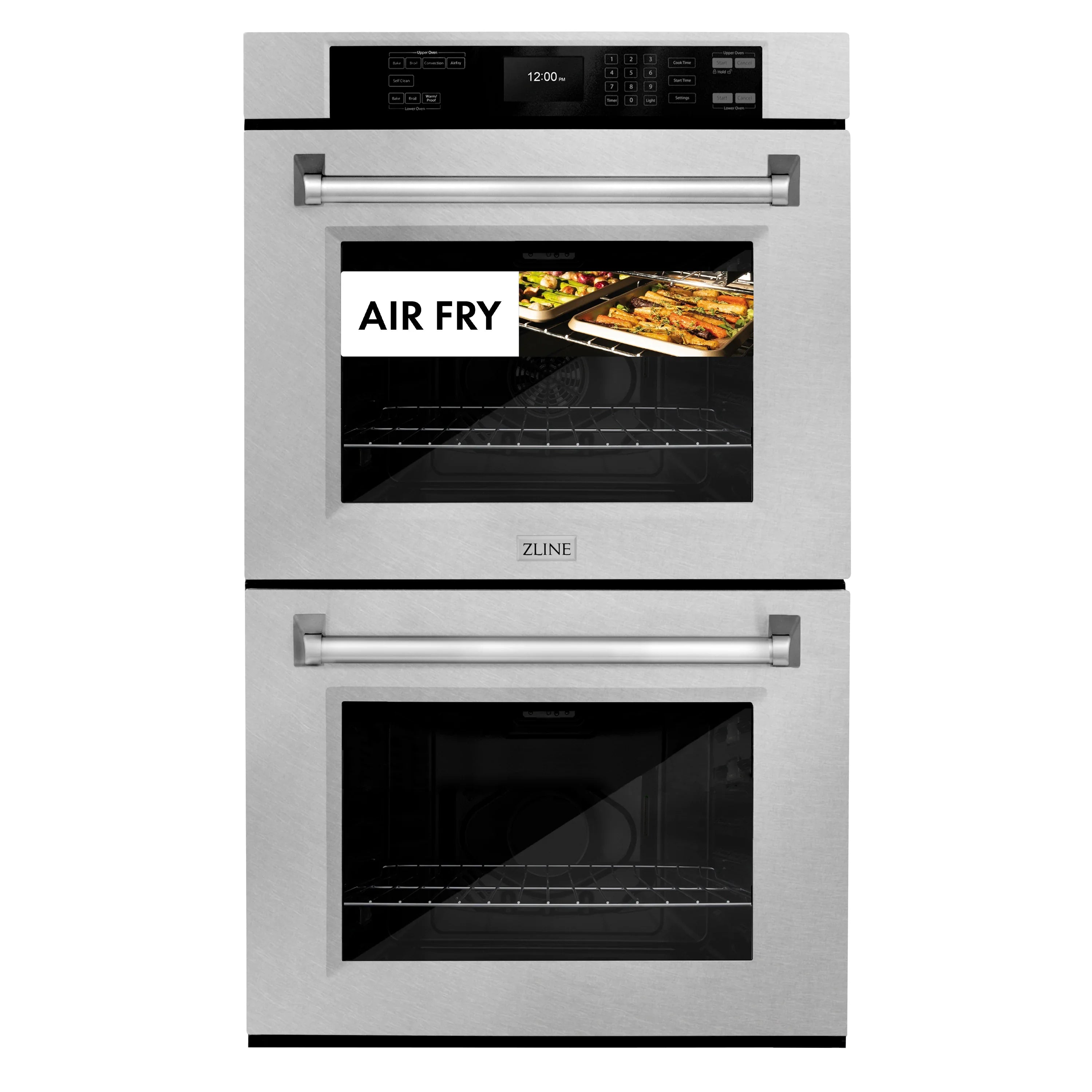 ZLINE satin stainless double wall ovens with two glass doors and top control panel