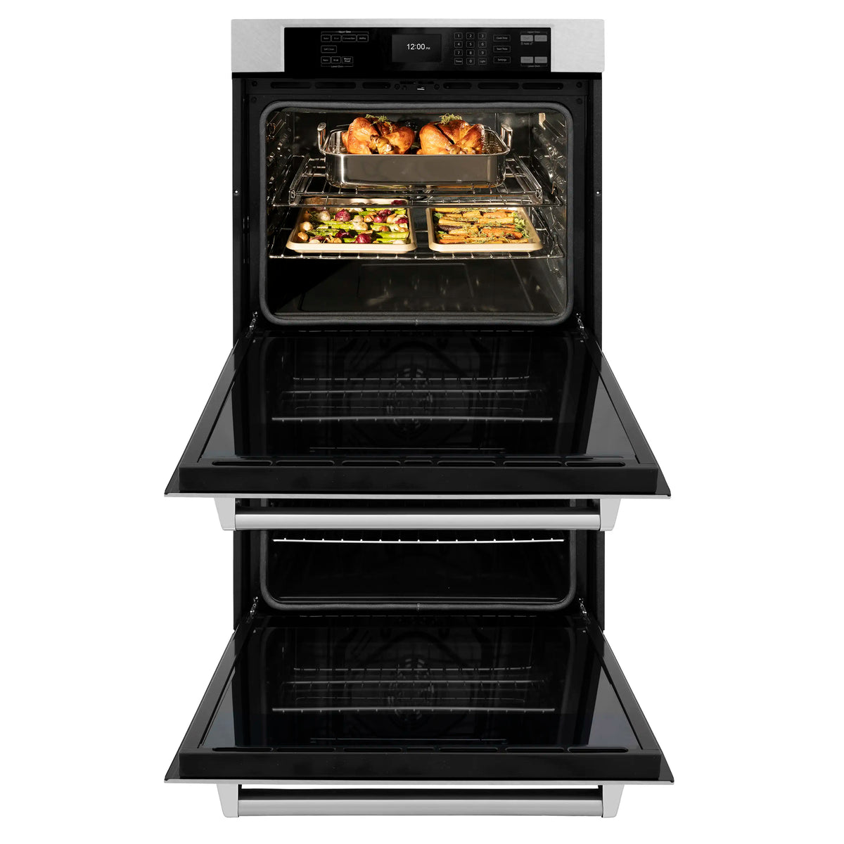 Open satin stainless double wall ovens with racks and trays, showing cooking interior