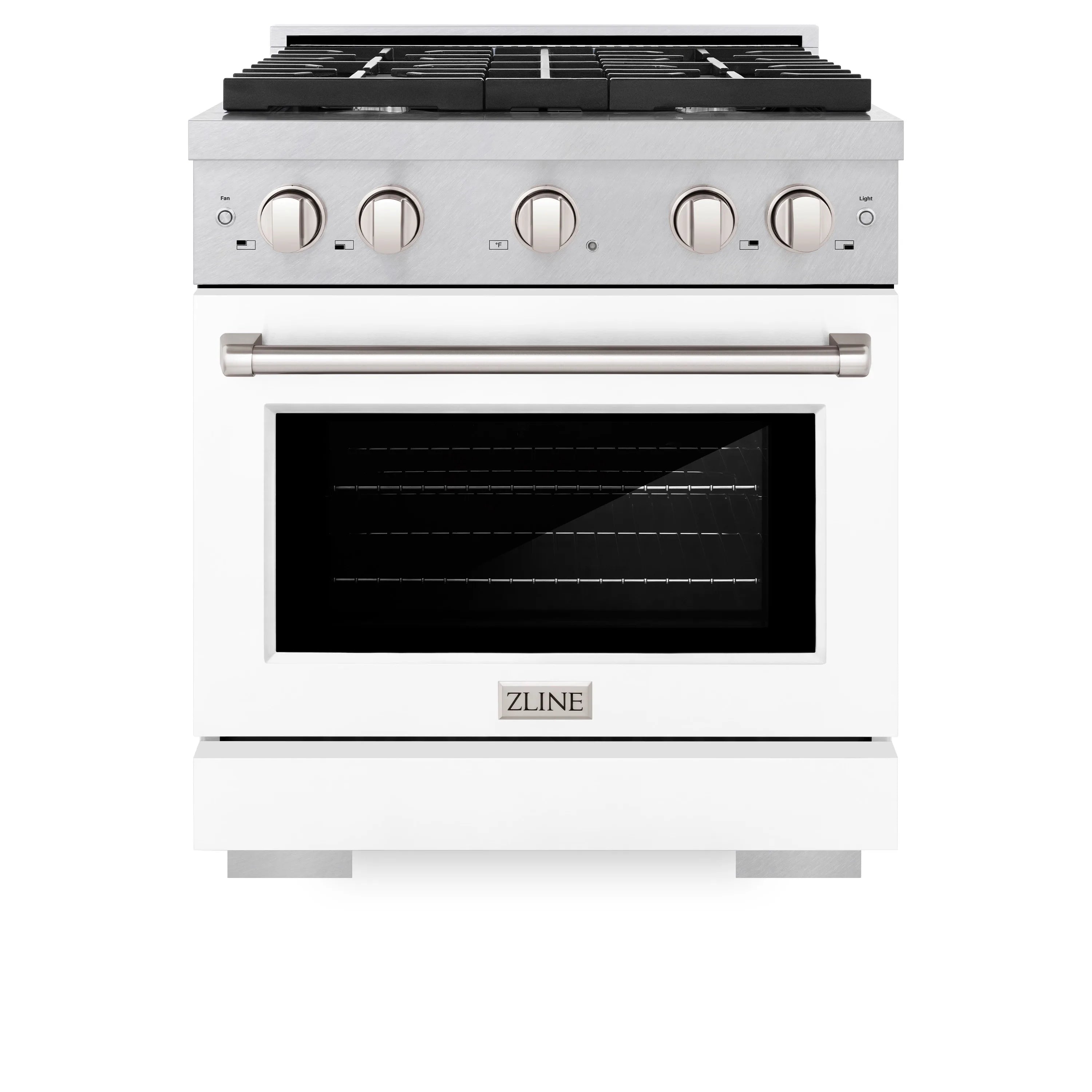 Dual fuel range in satin stainless steel with white matte oven door and control knobs