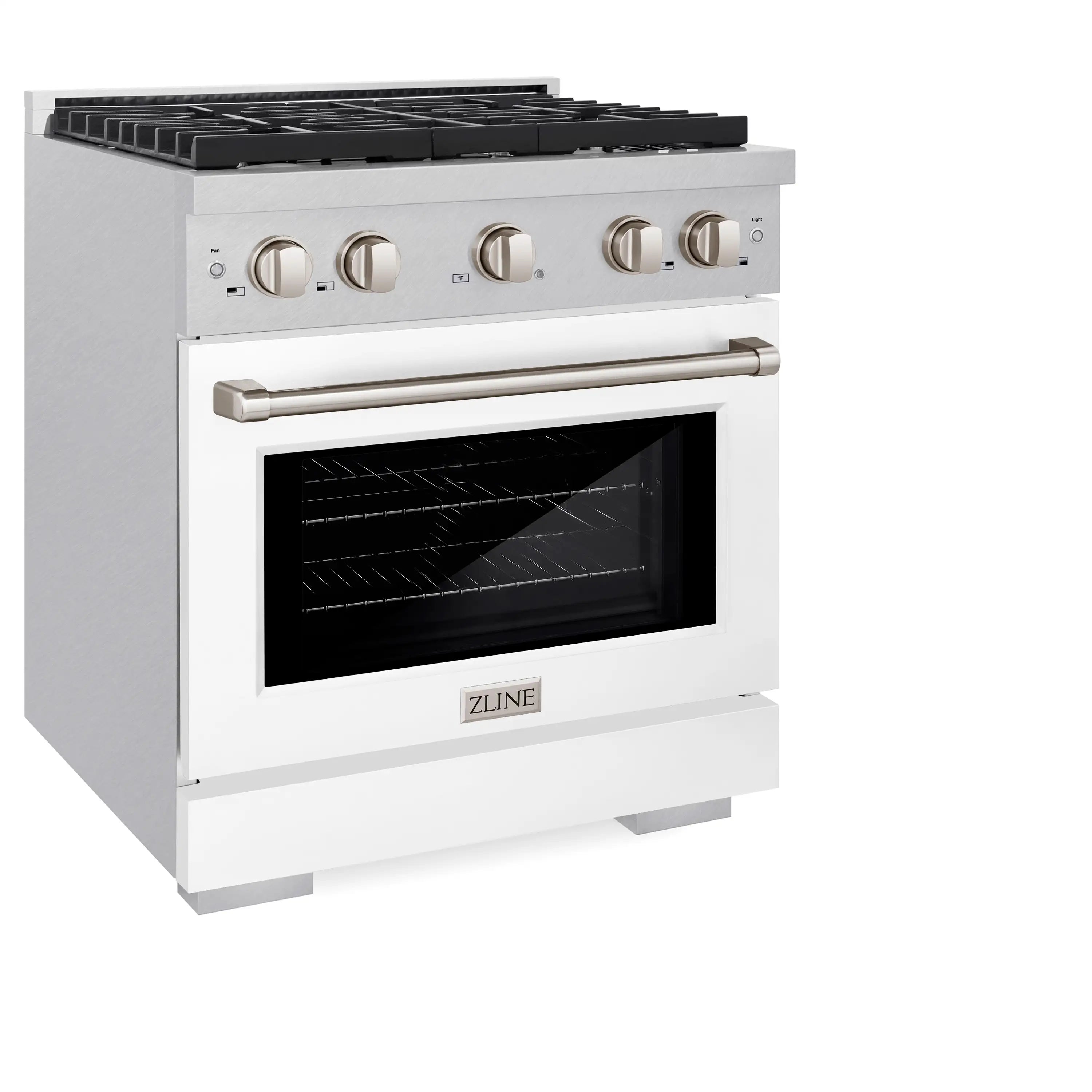 Dual fuel range with satin stainless finish, white matte door, and front control knobs