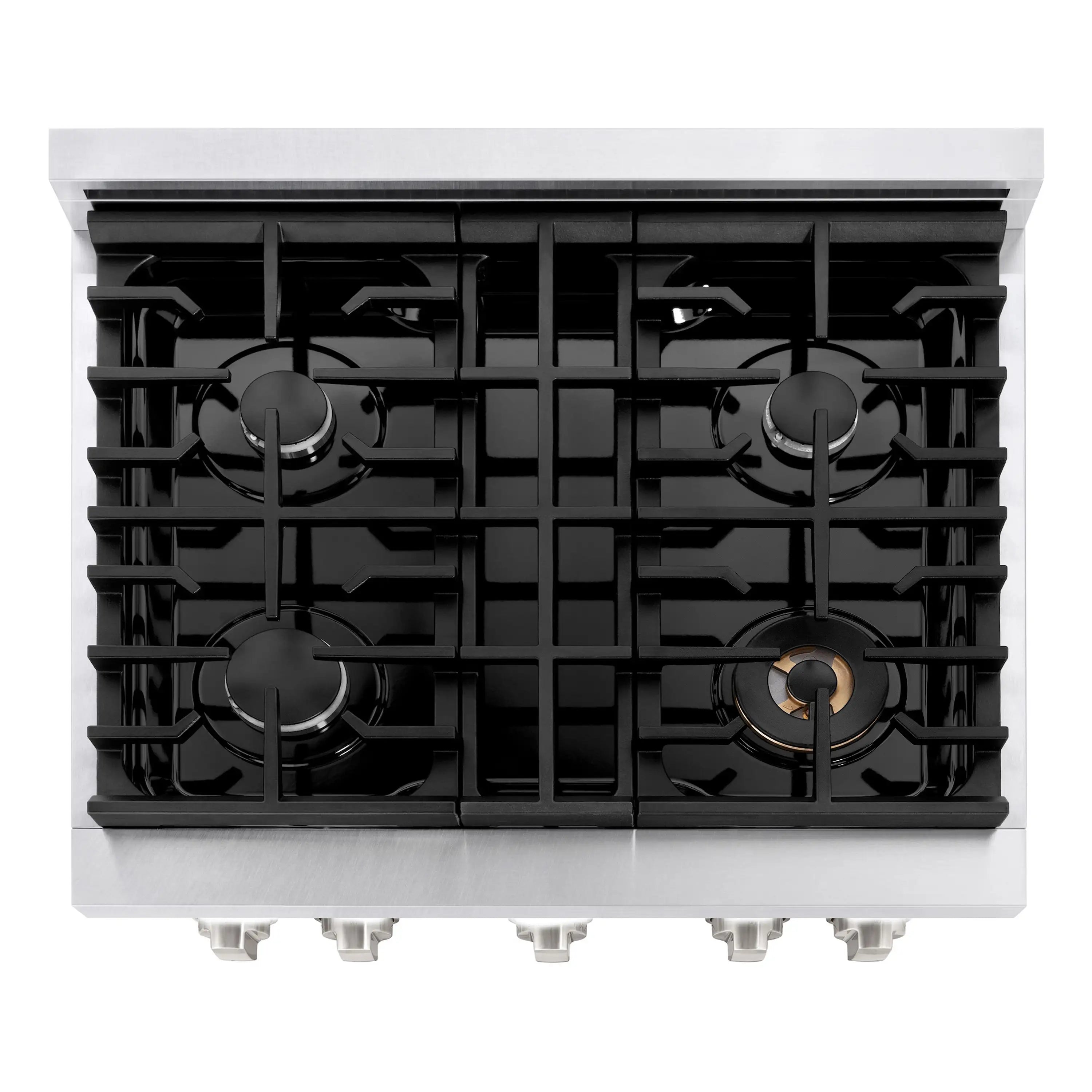 4-burner gas cooktop with black grates and burner caps on a stainless range top