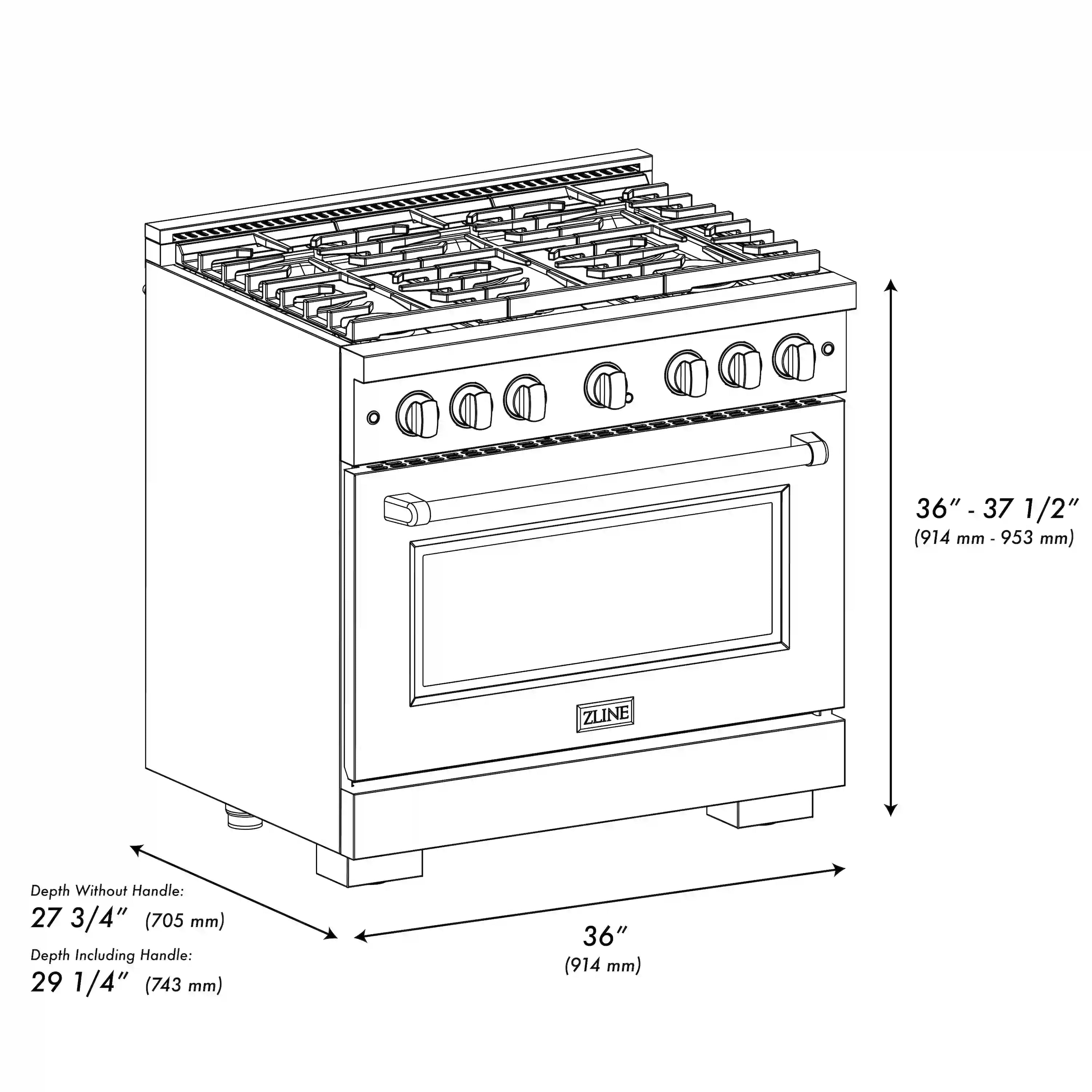Dual fuel range dimension diagram with overhead burner layout and oven measurement arrows