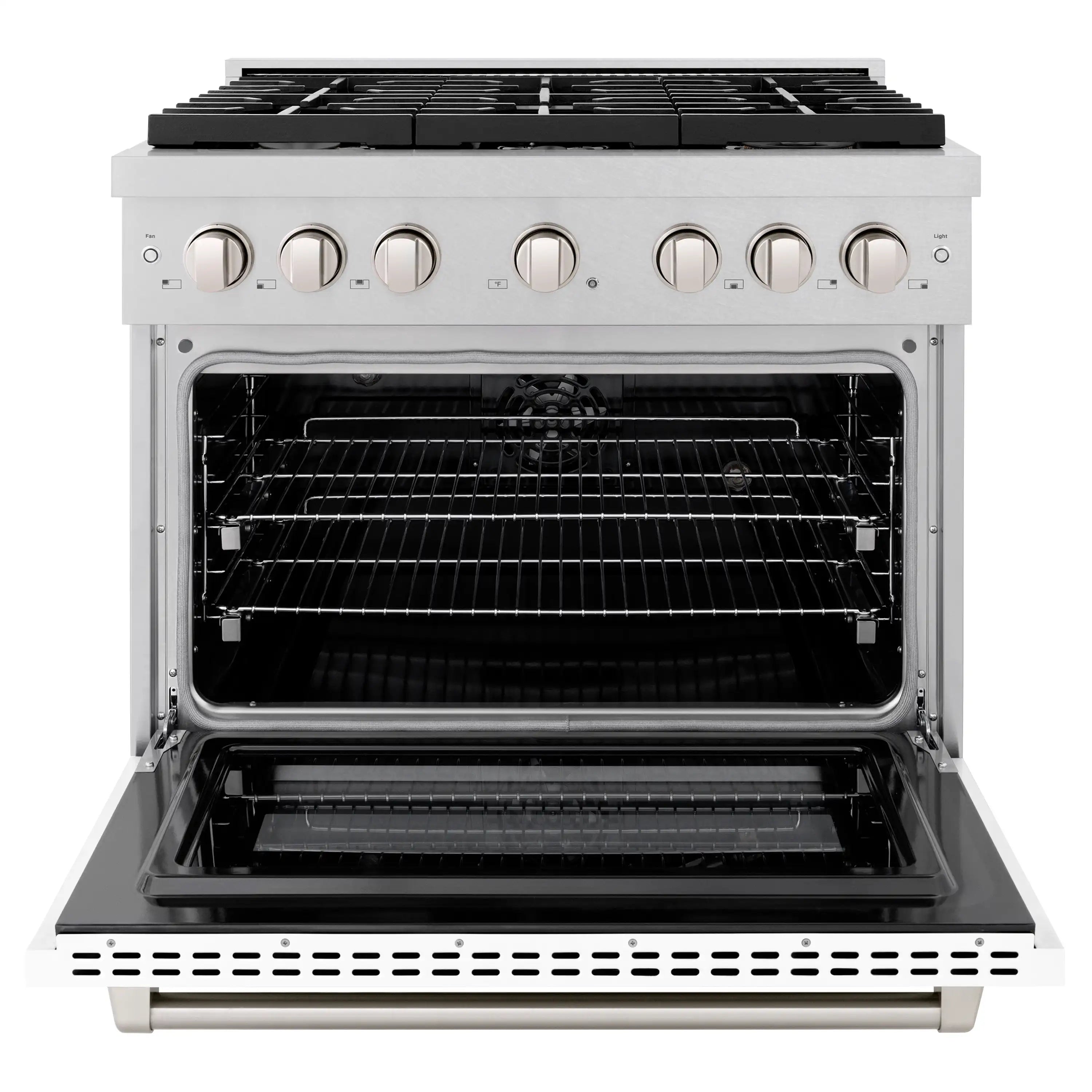Dual fuel range with open oven door showing wire racks and interior heating elements