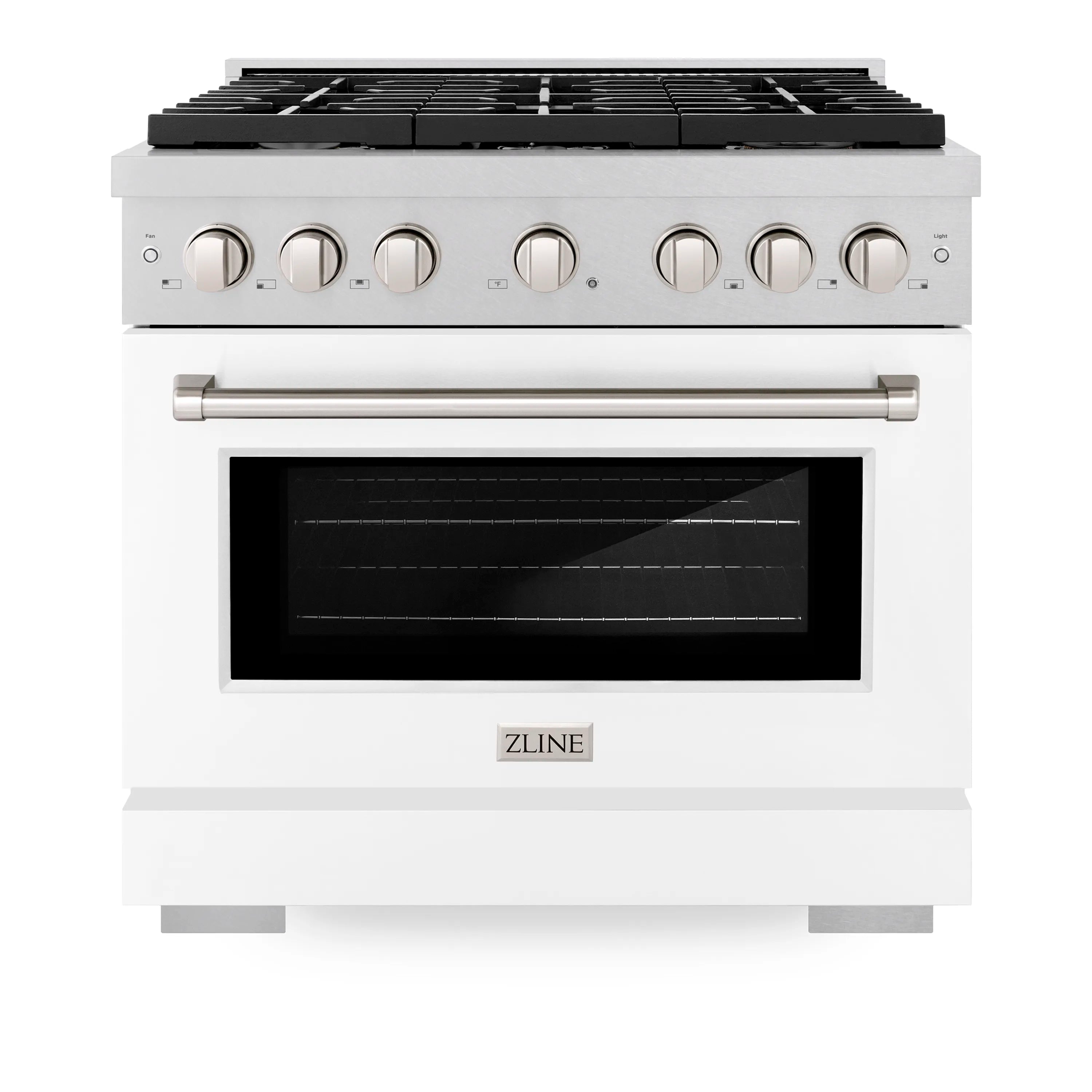Dual fuel range with satin stainless top, white matte door, and black glass oven window