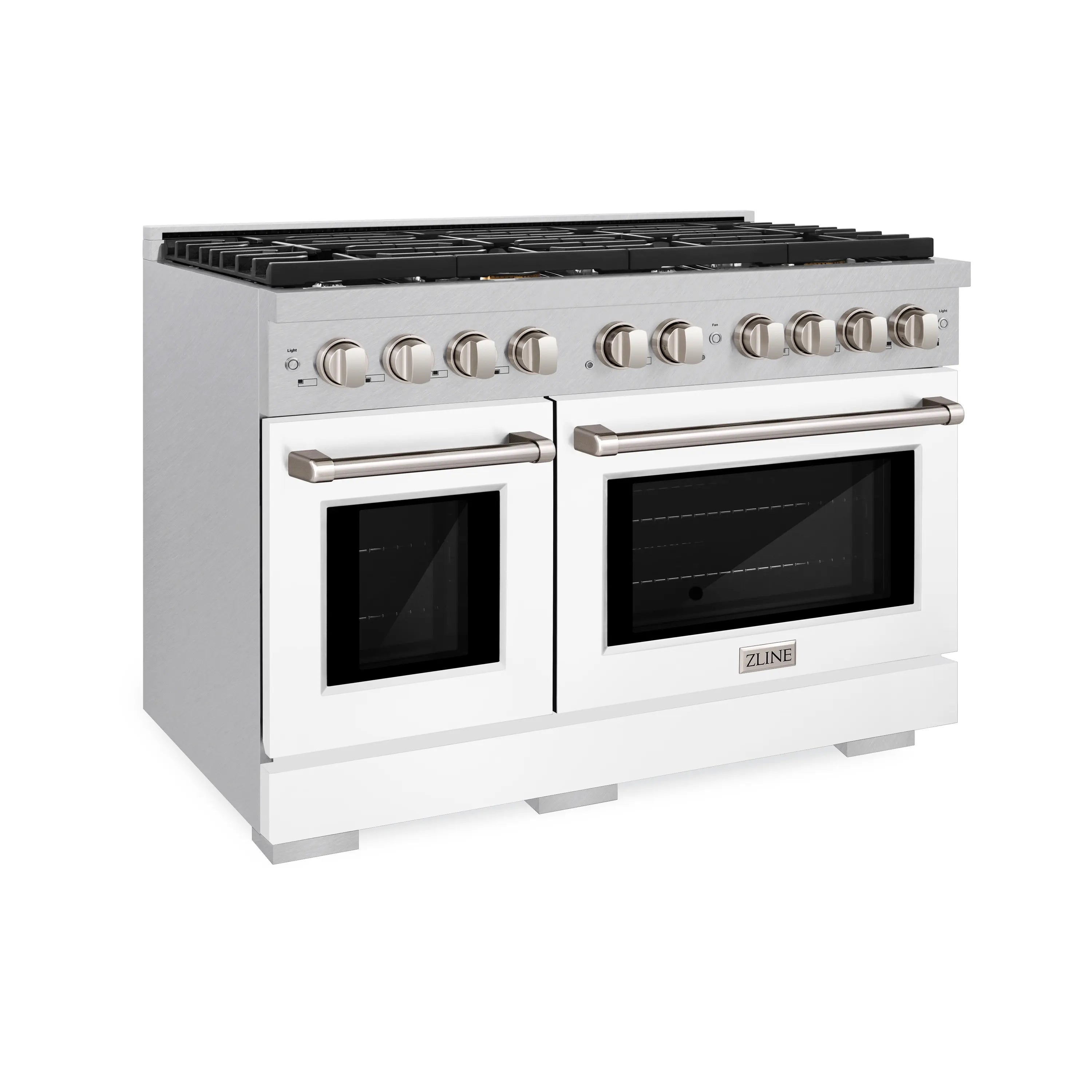 Stainless steel and white double oven range with black cooktop and two door windows