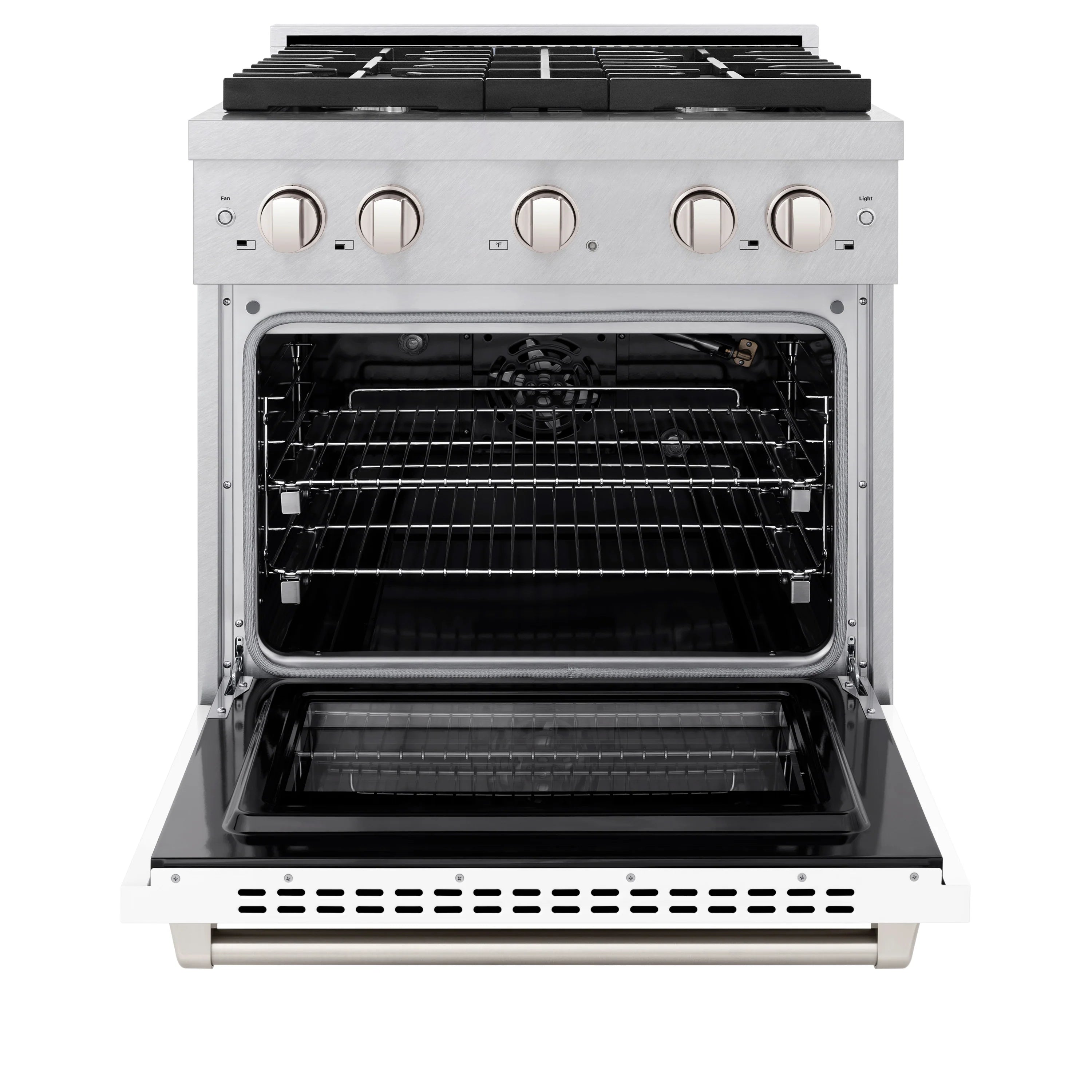 White gas range with open oven door showing racks and black interior