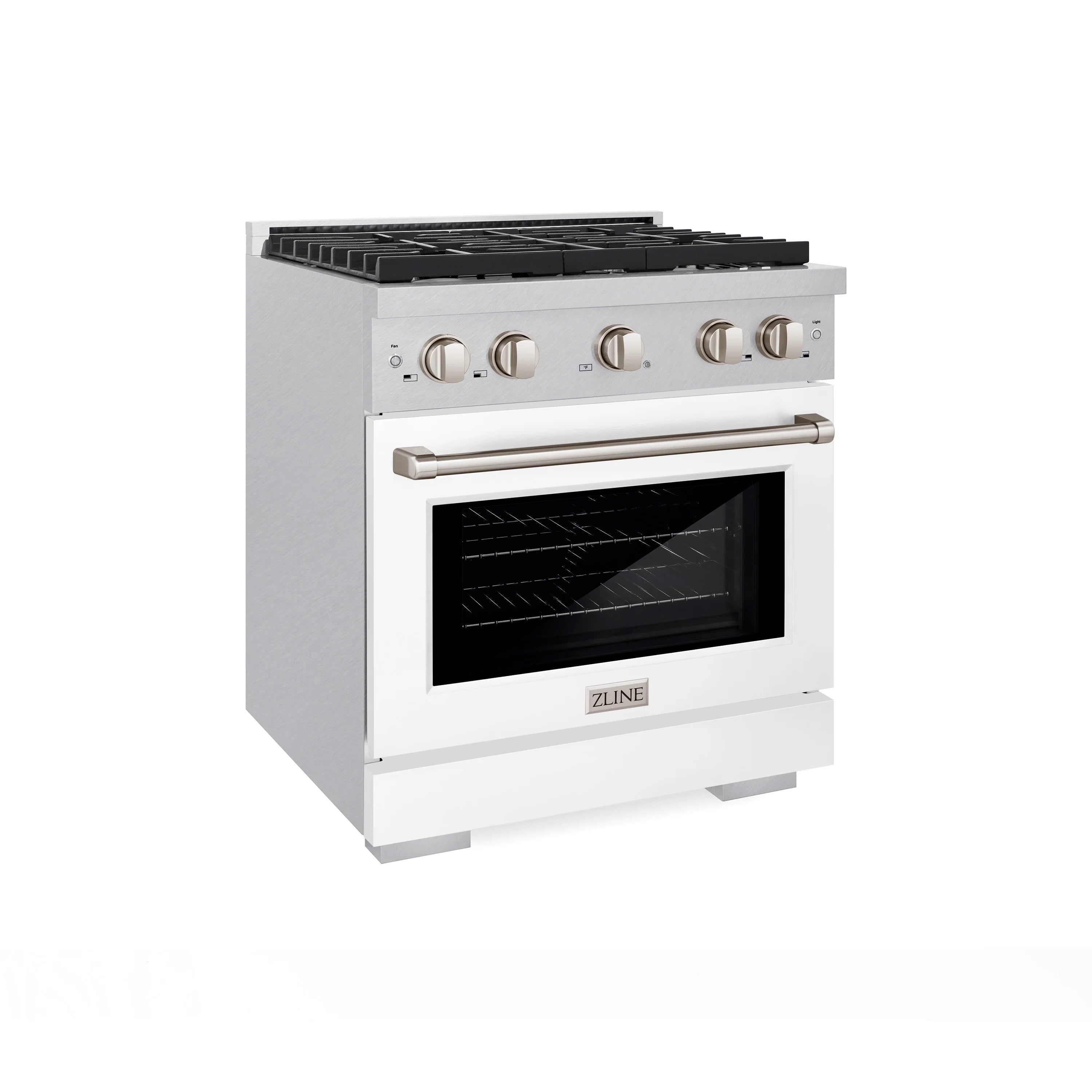 Stainless steel gas range with white matte oven door and four burner cooktop
