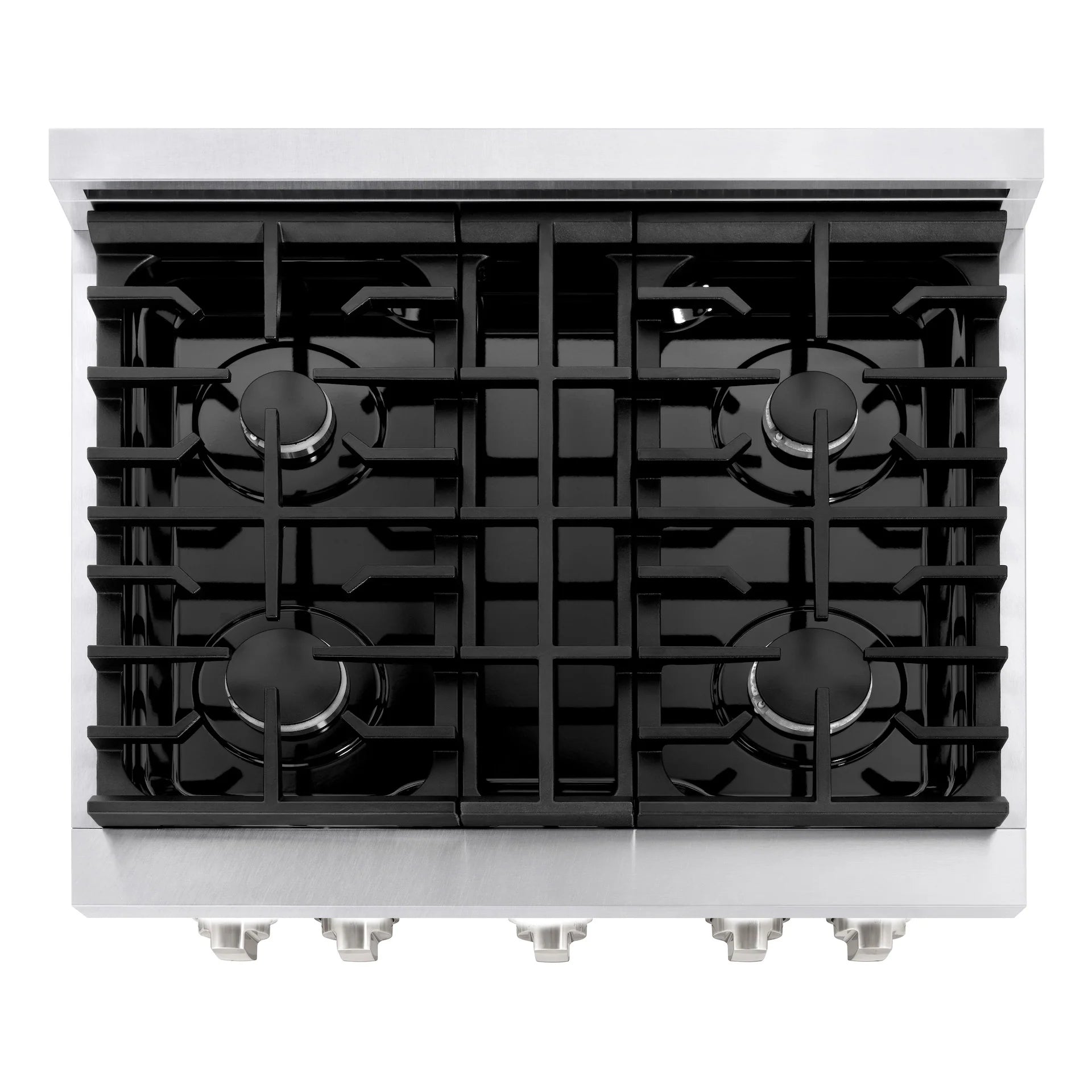 Five-burner gas cooktop with black grates and visible burner caps