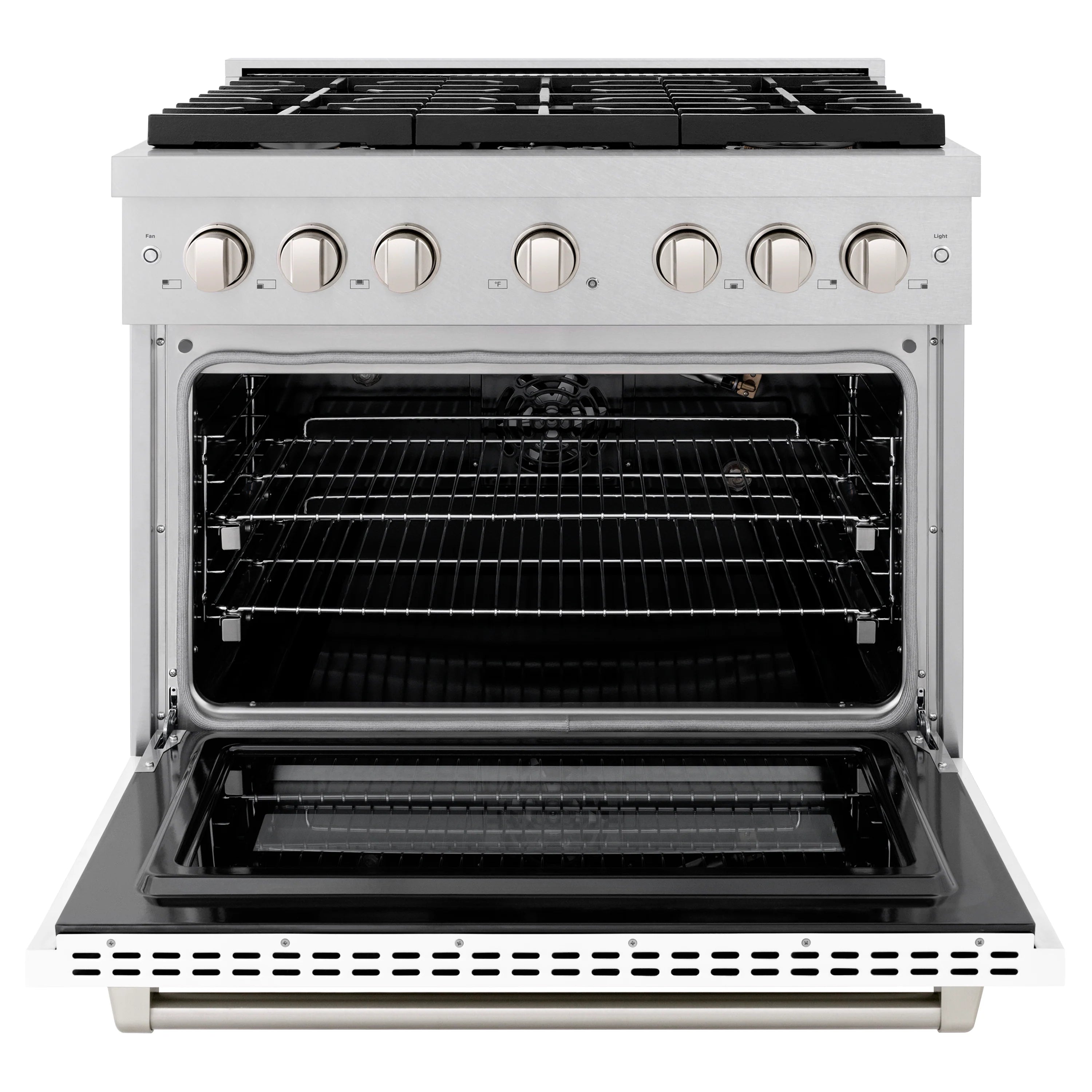 Gas range with open oven door showing oven cavity racks and interior walls