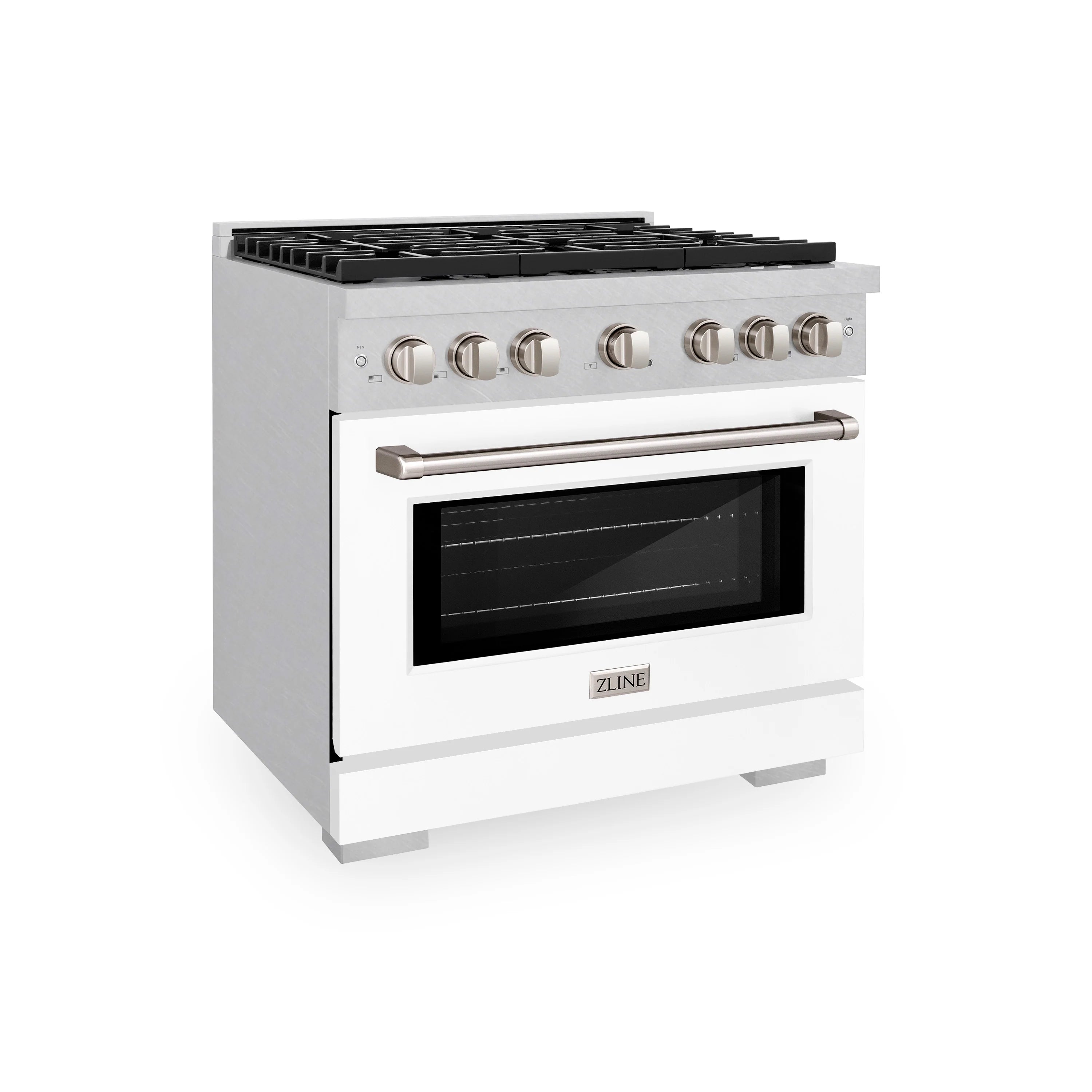 Gas range three-quarter view with satin stainless finish, knobs, and oven window