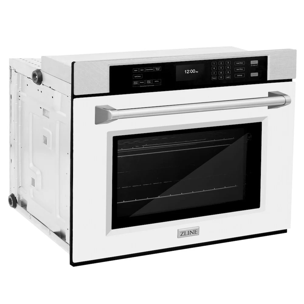 Single wall oven with satin stainless steel exterior and black glass oven door