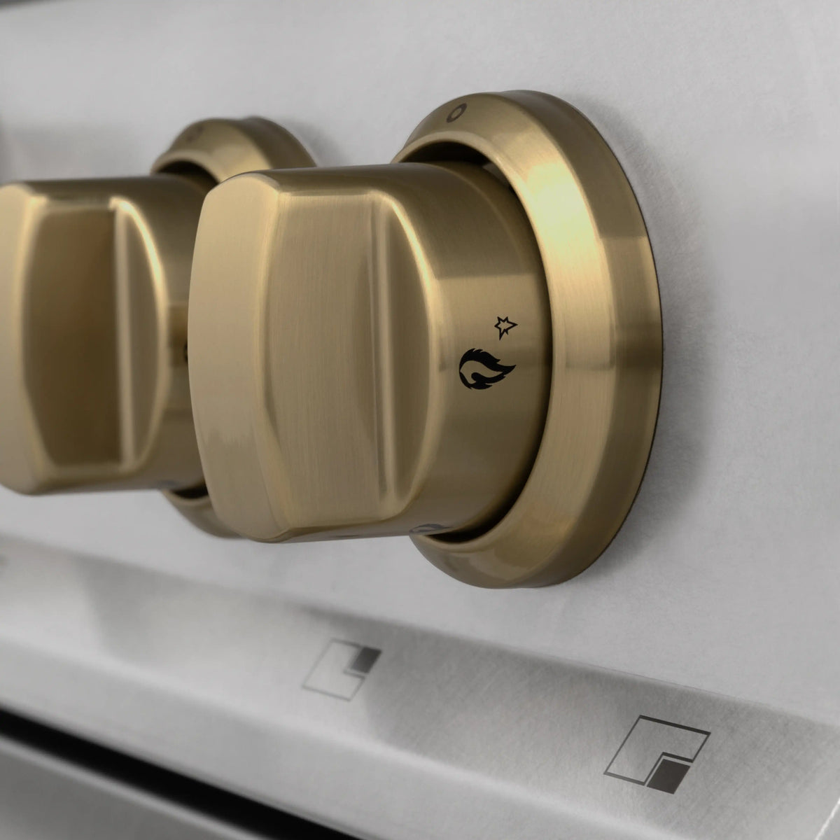 Dual fuel range knob in champagne bronze on satin stainless control panel