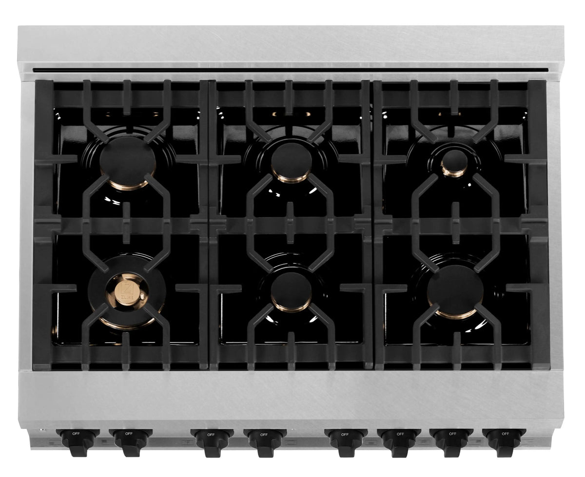 Satin stainless gas cooktop with six burner grates and round black knobs