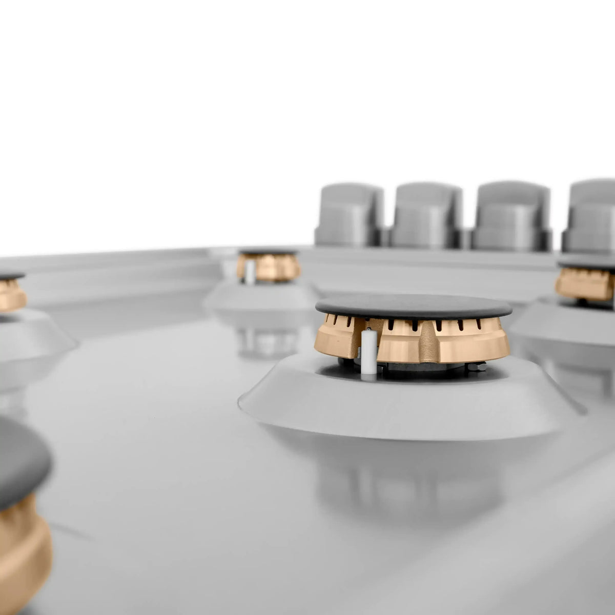 Gas burner cap and burner assembly with black grates on the cooktop top