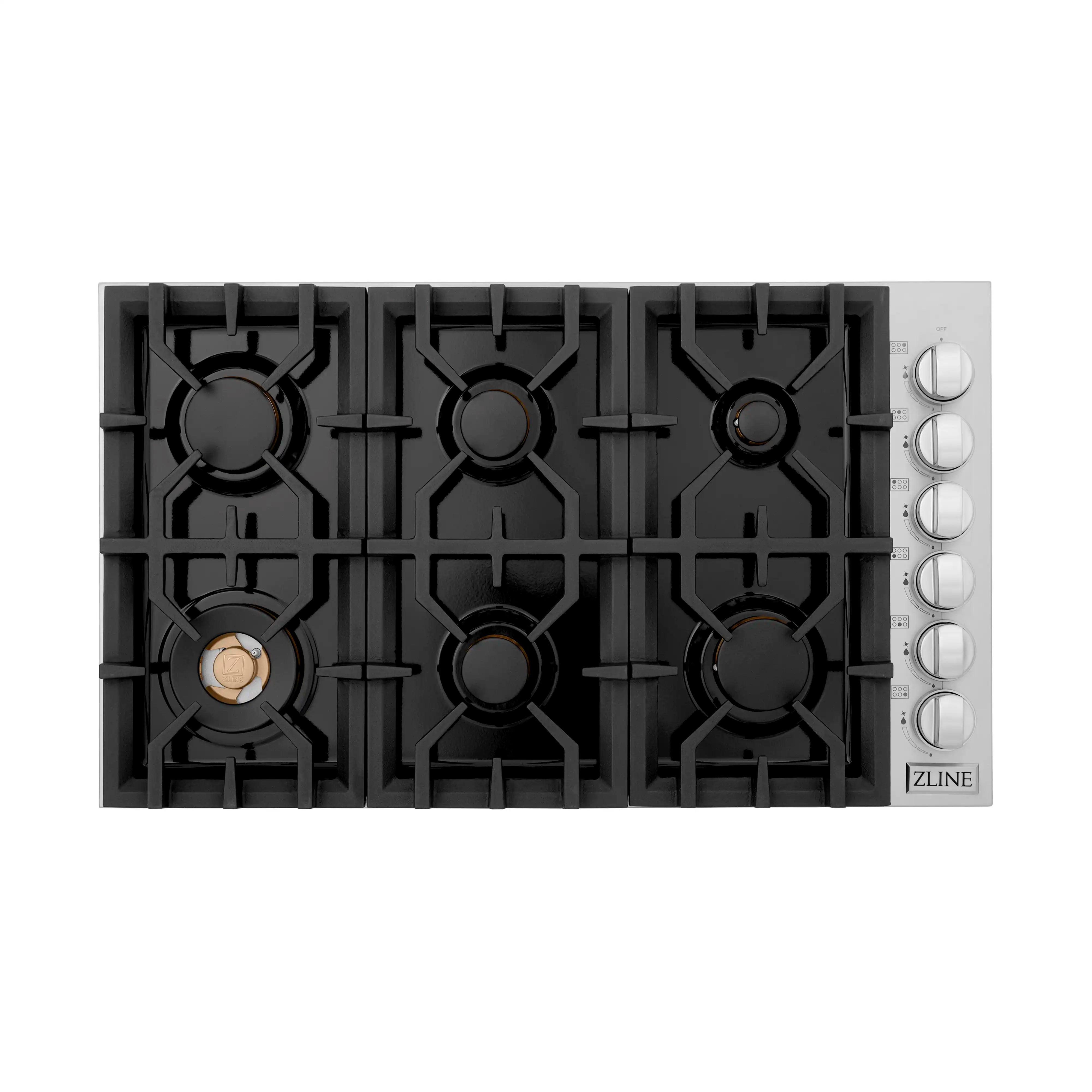 Gas cooktop front view with black grates and control knobs on right side