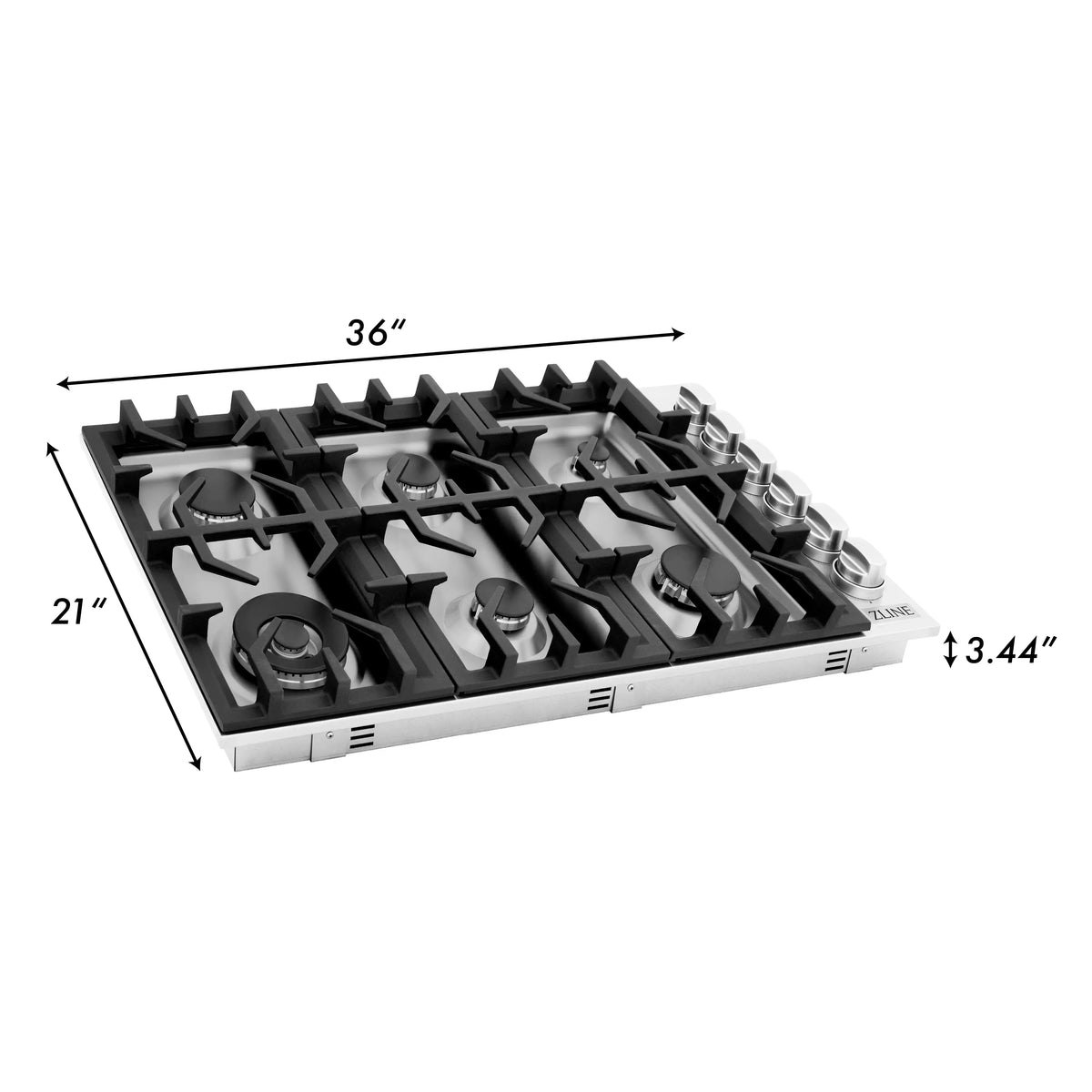36-inch gas cooktop with six-burner layout, black grates and stainless body